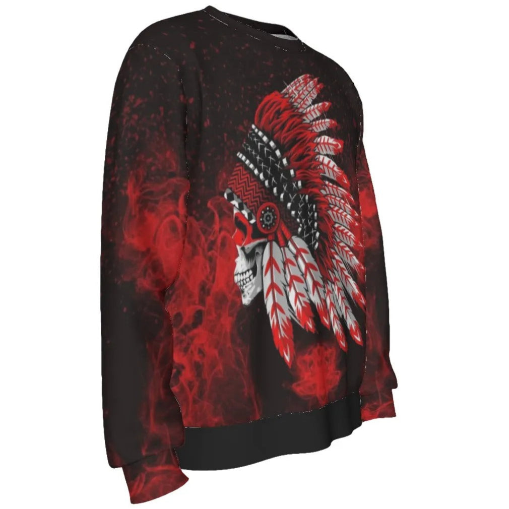 Native American Skull Sweater, Red Feather Headdress Knitwear, Tribal Gothic Pullover, Red Smoke Graphic Sweater, Warrior Biker Style