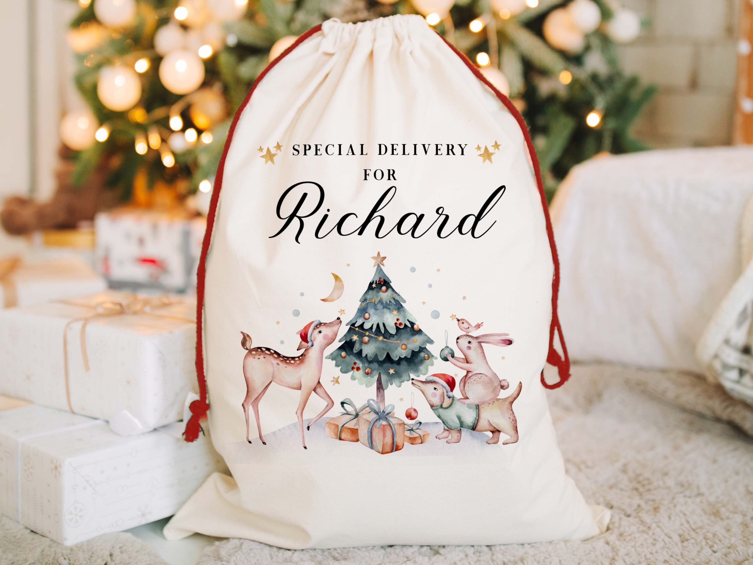 Personalised Christmas Eve Box Nutcracker Ballerina Reindeer Gift Bag for Kids Christmas, Special Delivery Christmas Santa Sack with Name