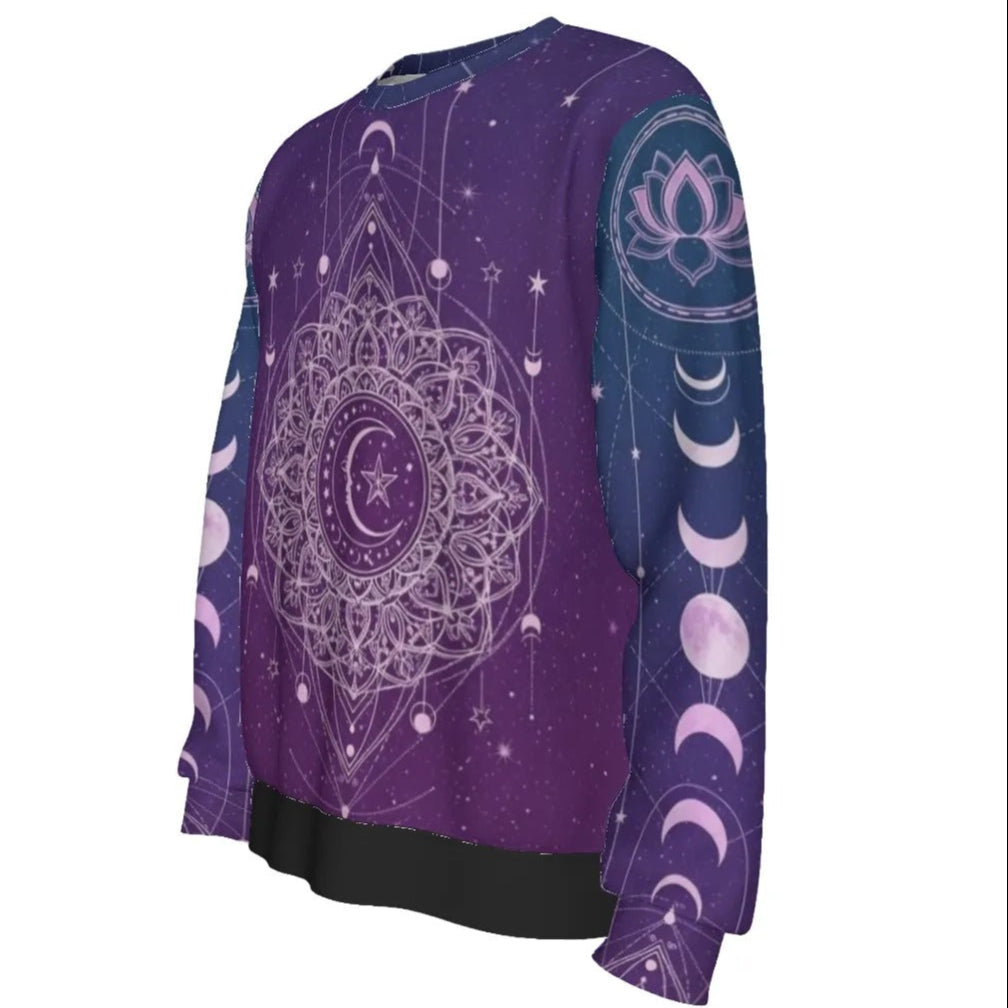 Mystic Lunar Mandala Sweater, Moon Phase Spiritual Pullover, Celestial Lotus Knitwear, Sacred Geometry Cosmic Sweater, Boho Mystic Style