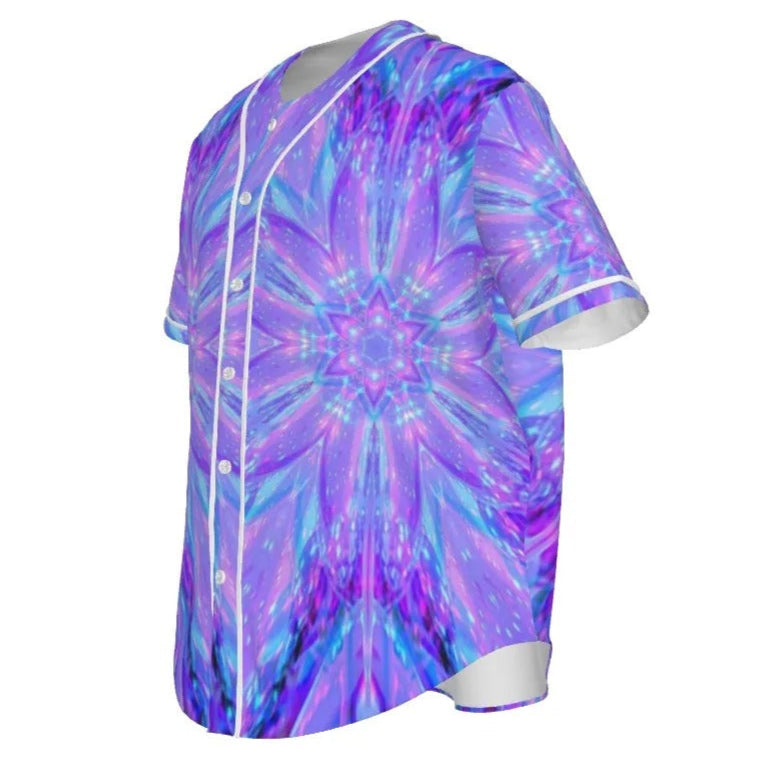 Kaleio Galaxy Baseball Shirt, Trippy Space Mandala Jersey, Holographic Psychedelic Button-Up, Cosmic Festival Streetwear