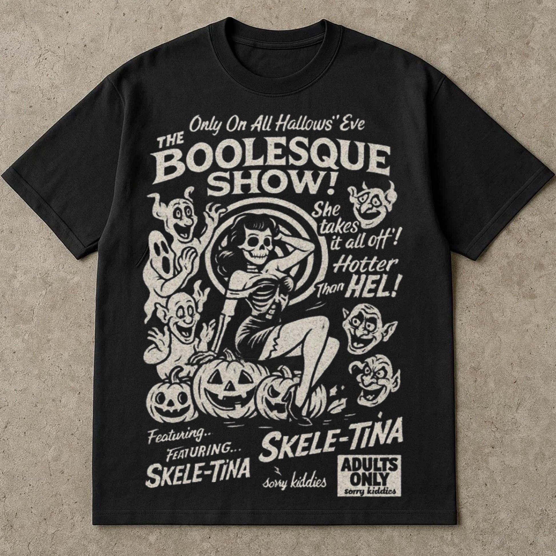 Booglesque Show T-Shirt, Retro Halloween Tee Shirts, Halloween Costume Ideas  Shirt, Funny Spooky Adults Only Graphic Top, All Hallows Eve Apparel