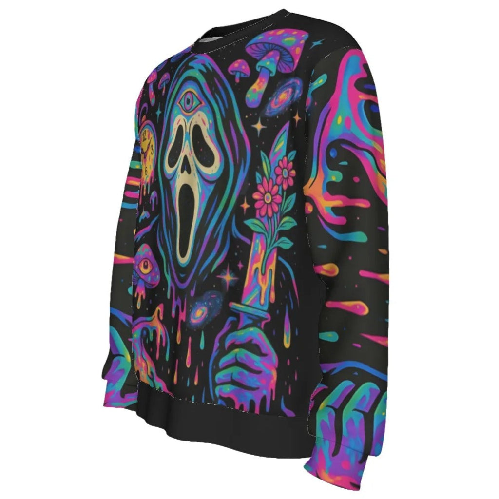 Psychedelic Halloween Mushrooms Sweater, Neon Trippy Mushroom Knitwear, Spooky Halloween Pullover, Horror Art Fashion