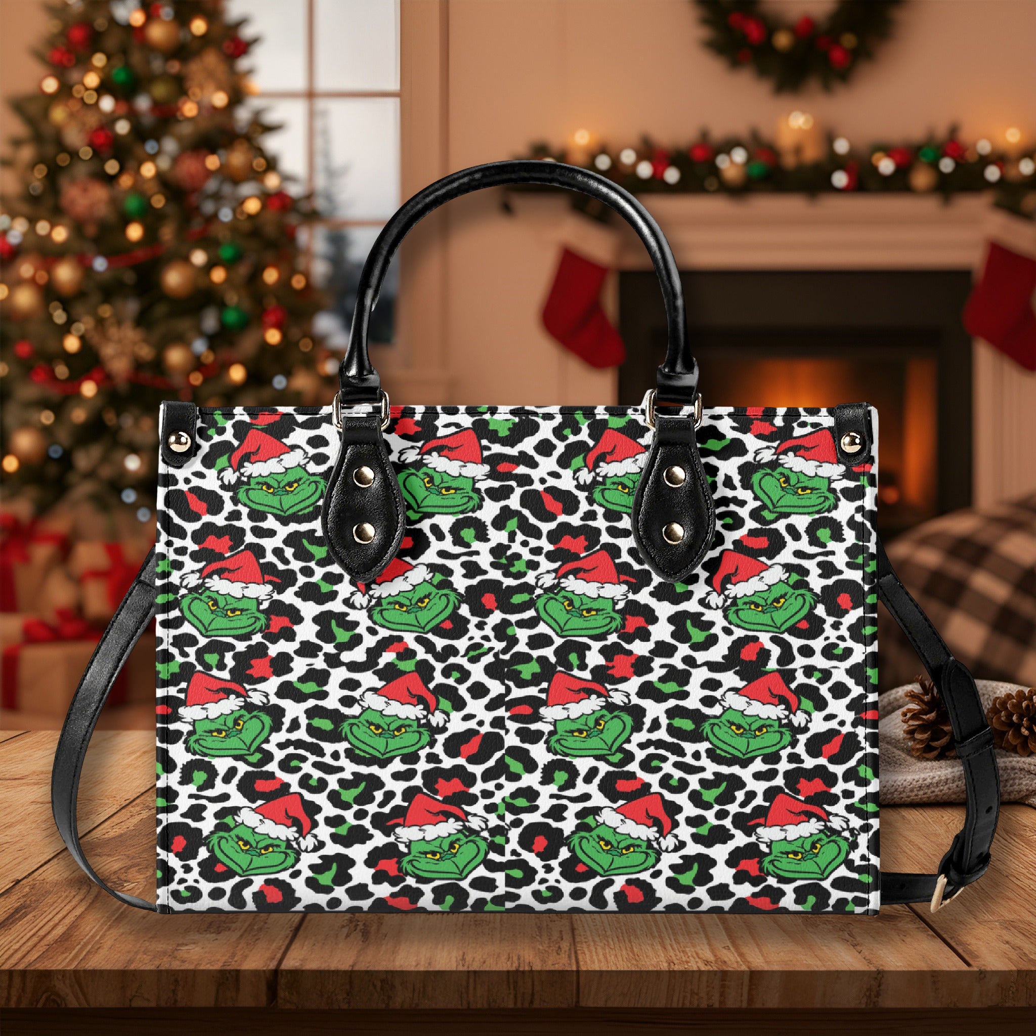 Leopard Print Christmas Handbag, Festive Holiday Purse, Winter Pattern Tote Bag, Trendy Xmas Shoulder Bag