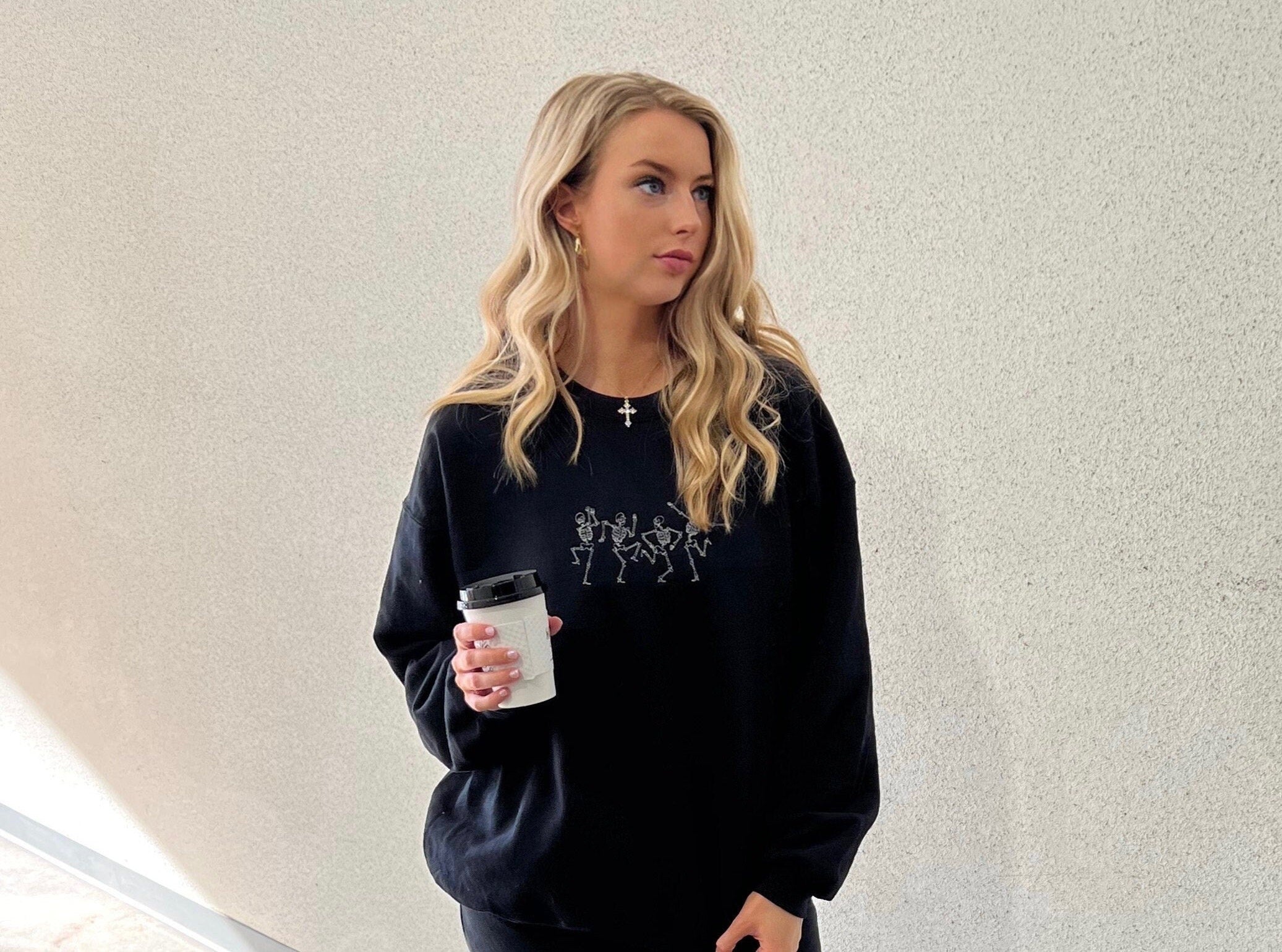 Embroidered Dancing Skeleton Sweatshirt, Embroidered Sweatshirt, Embroidered Crewneck, Halloween Gifts EBAC10
