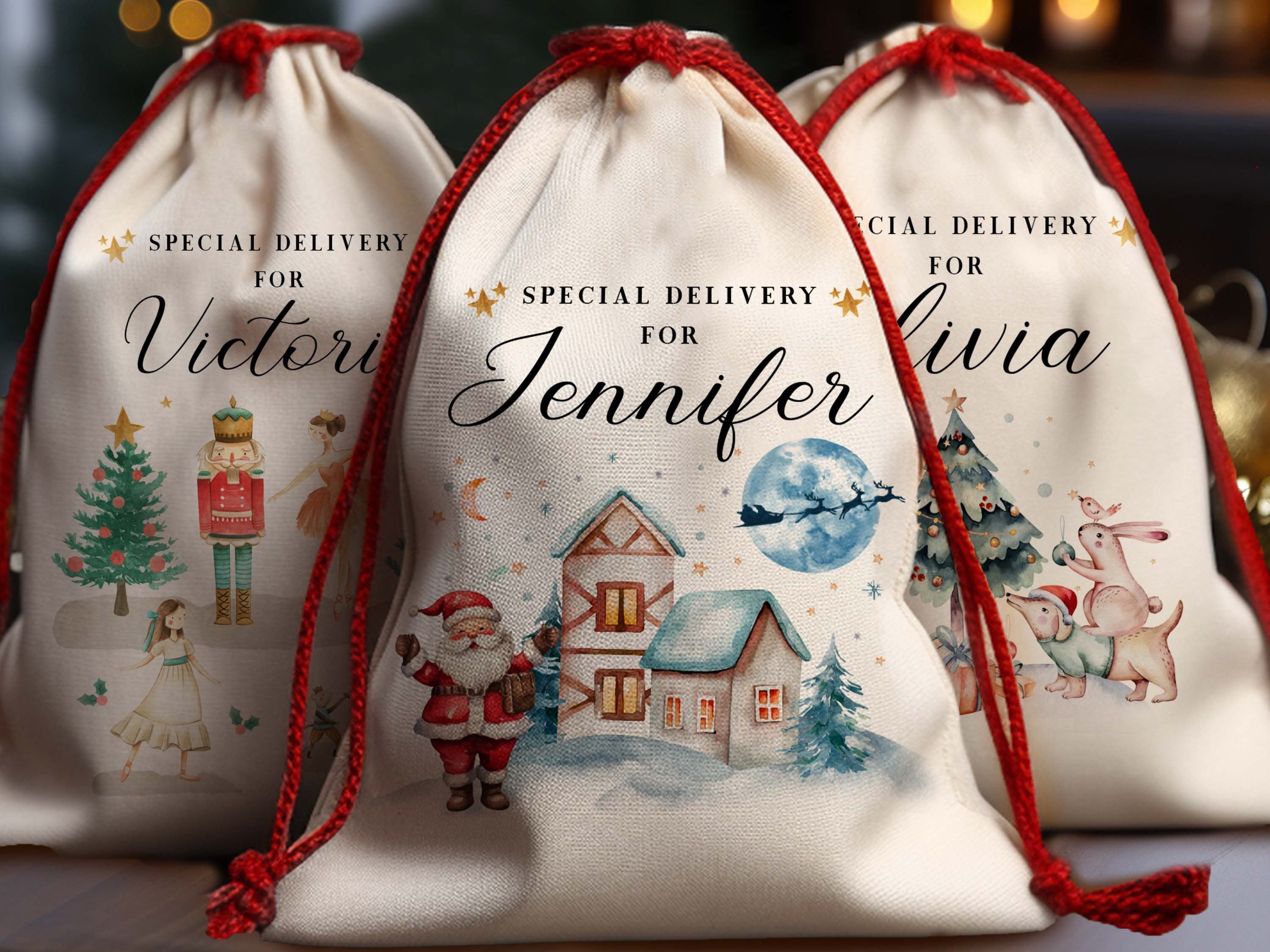 Personalised Christmas Eve Box Nutcracker Ballerina Reindeer Gift Bag for Kids Christmas, Special Delivery Christmas Santa Sack with Name