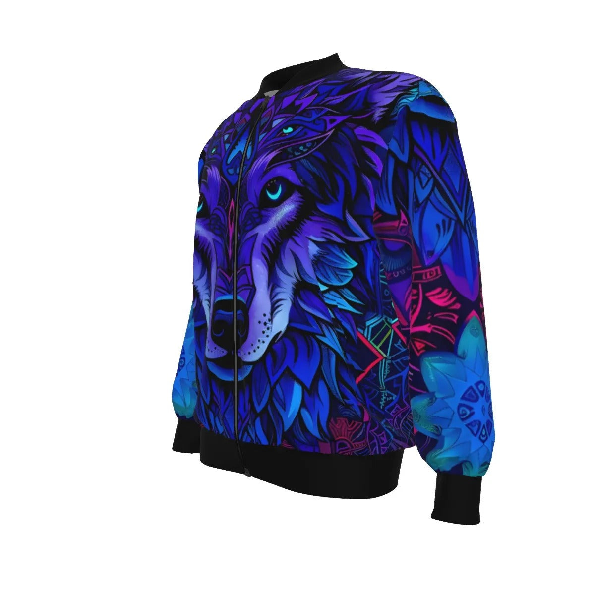 Wolf Mandala Bomber Jacket, Psychedelic Wolf Design, Blue and Purple Animal Graphic Jacket, Fantasy Streetwear, Nature-Inspired Outerwear