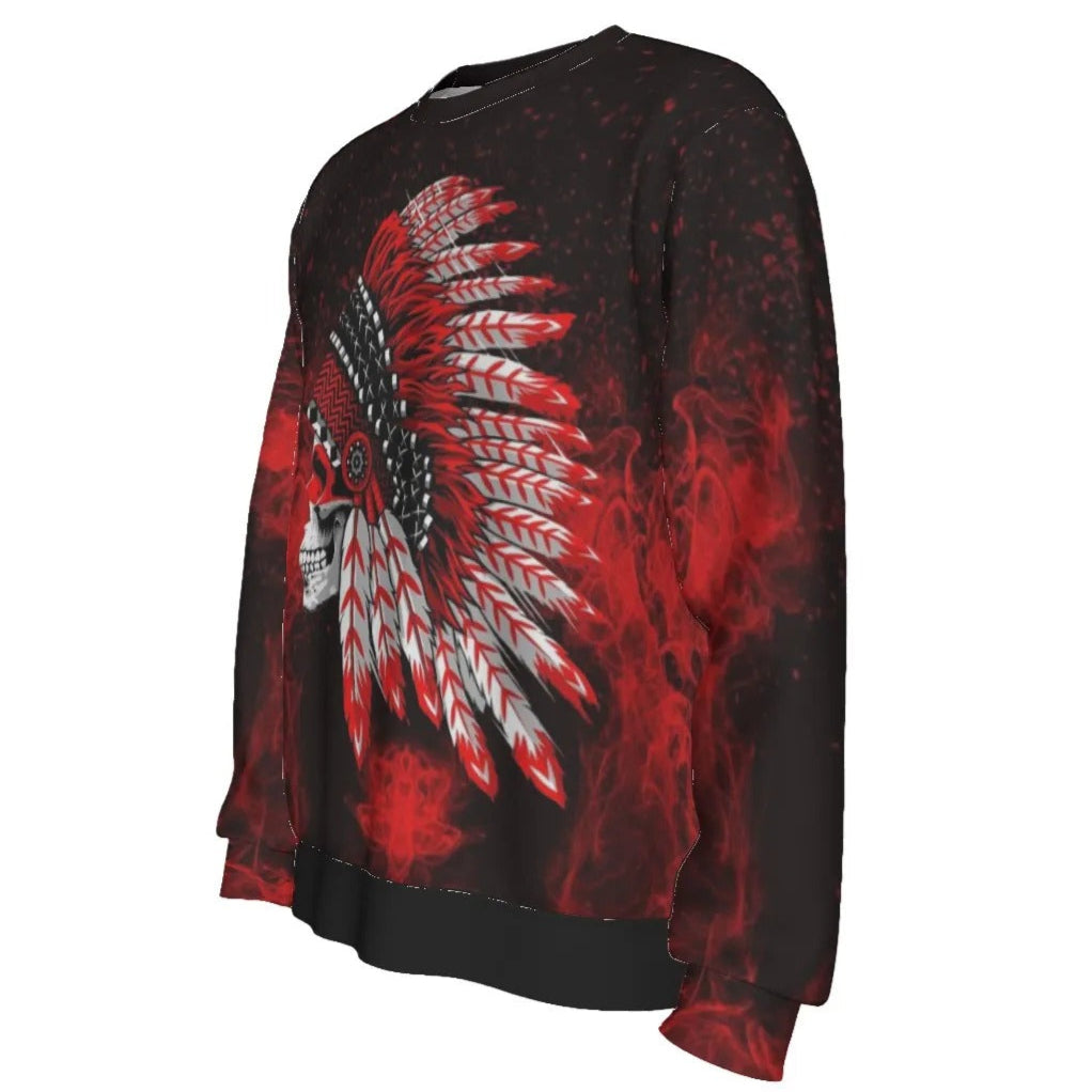 Native American Skull Sweater, Red Feather Headdress Knitwear, Tribal Gothic Pullover, Red Smoke Graphic Sweater, Warrior Biker Style