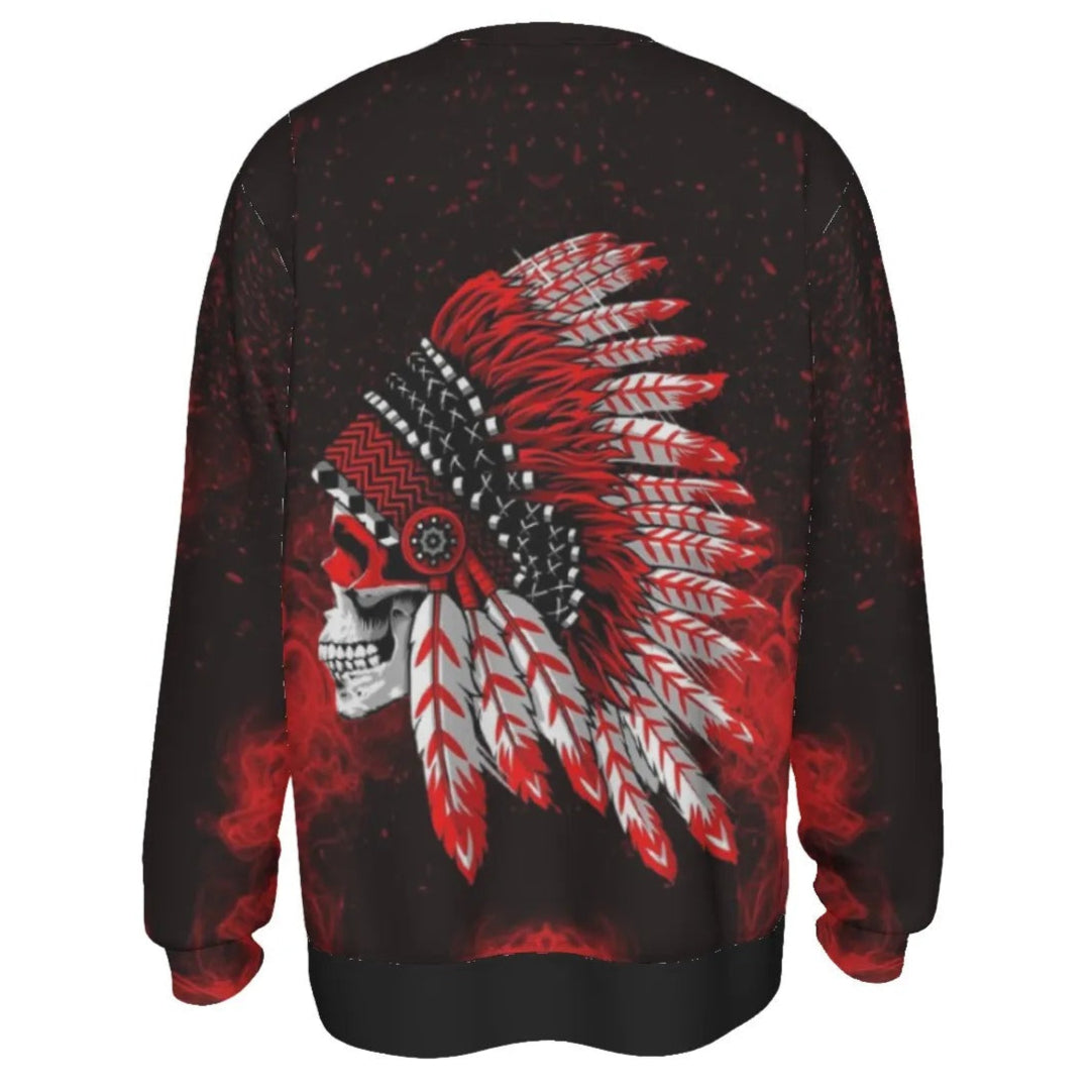 Native American Skull Sweater, Red Feather Headdress Knitwear, Tribal Gothic Pullover, Red Smoke Graphic Sweater, Warrior Biker Style