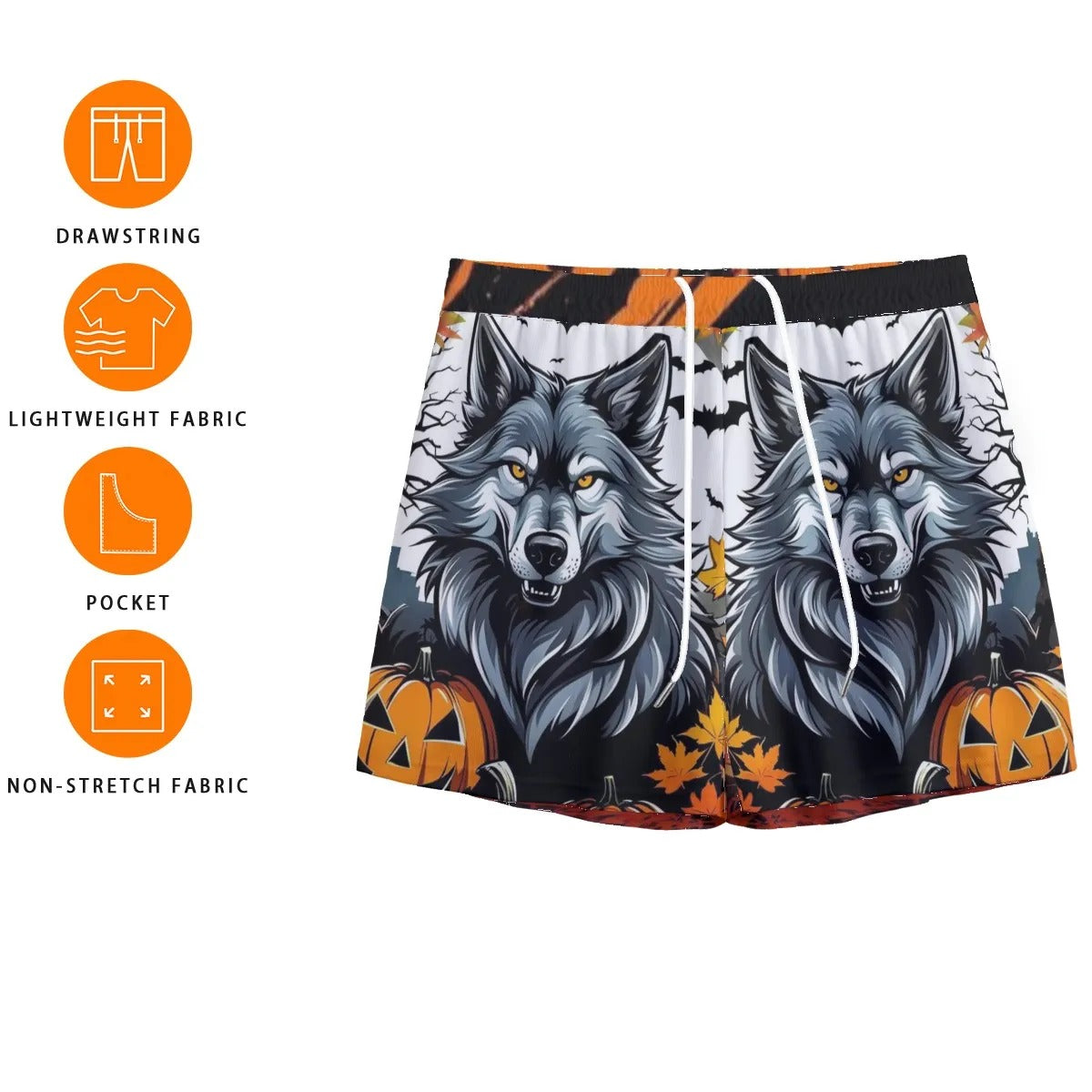 Howling Halloween Night Wolf Shorts, Spooky Pumpkin Bat Activewear, Halloween Fitness Bottoms, Autumn Gothic Sportswear