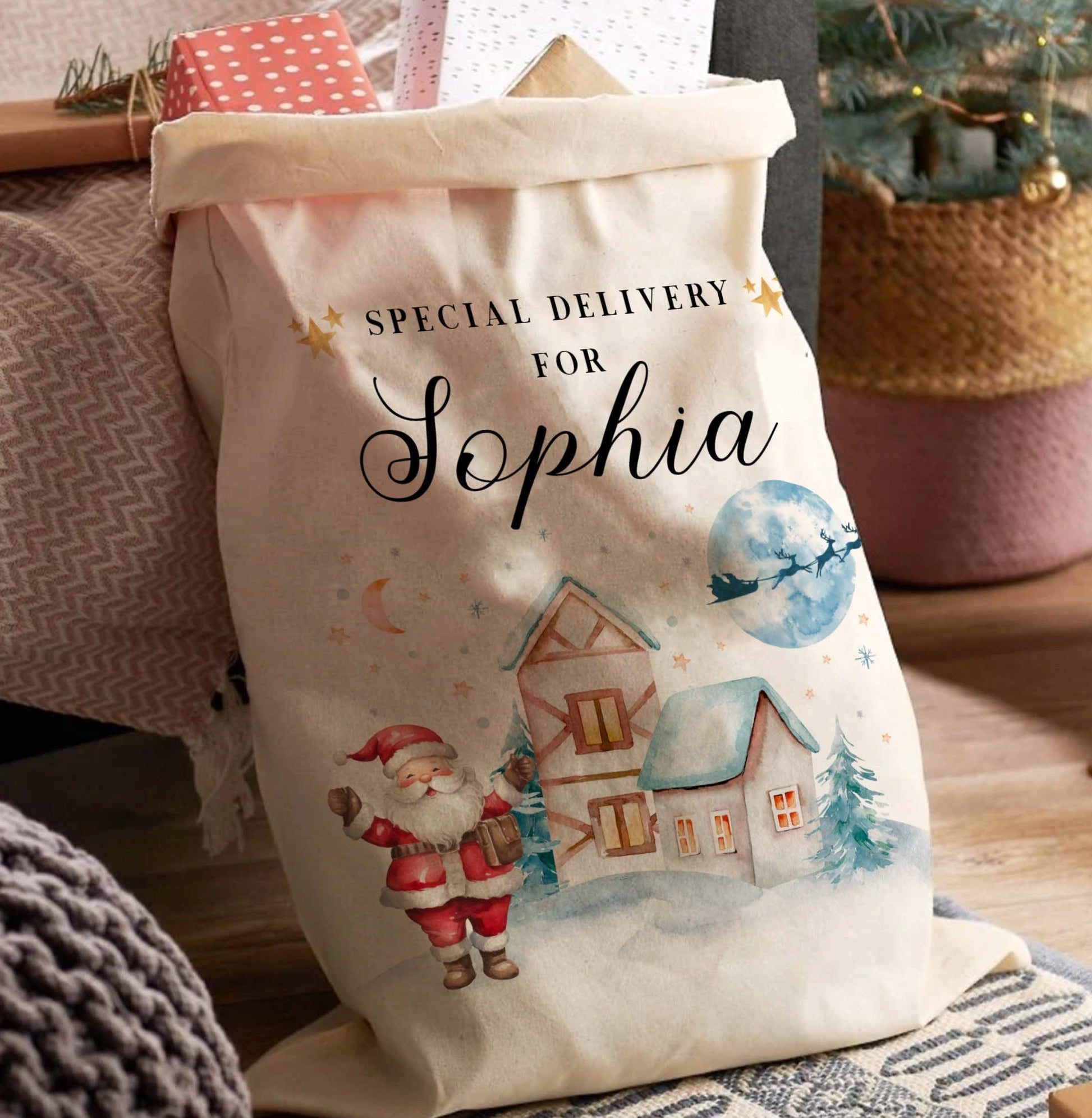 Personalised Christmas Eve Box Nutcracker Ballerina Reindeer Gift Bag for Kids Christmas, Special Delivery Christmas Santa Sack with Name