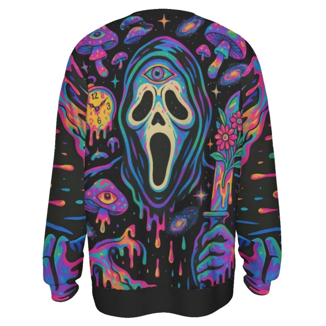 Psychedelic Halloween Mushrooms Sweater, Neon Trippy Mushroom Knitwear, Spooky Halloween Pullover, Horror Art Fashion
