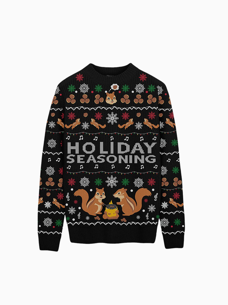 Holiday Seasoning Ugly Christmas Sweater, Funny Chipmunk Knit Pullover, Black Festive Winter Party Jumper for Women and Men
