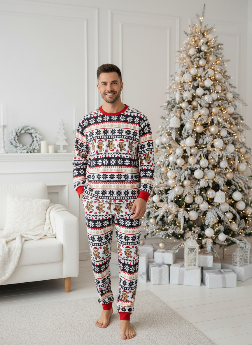 Matching Family Christmas Pajamas, Gingerbread Man Print Holiday PJs, Festive Red and Black Snowflake Sleepwear for Kids and Adults