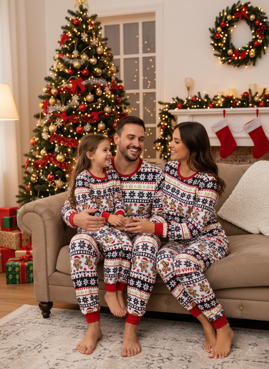 Matching Family Christmas Pajamas, Gingerbread Man Print Holiday PJs, Festive Red and Black Snowflake Sleepwear for Kids and Adults