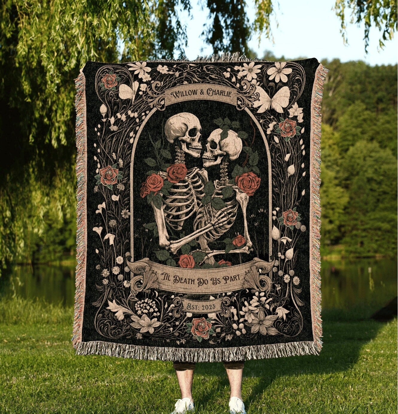 Halloween Custom Gifts, Personalized Wedding Blanket Spooky Halloween Skeleton Tapestry His & Hers Anniversary Gift For Girlfriend