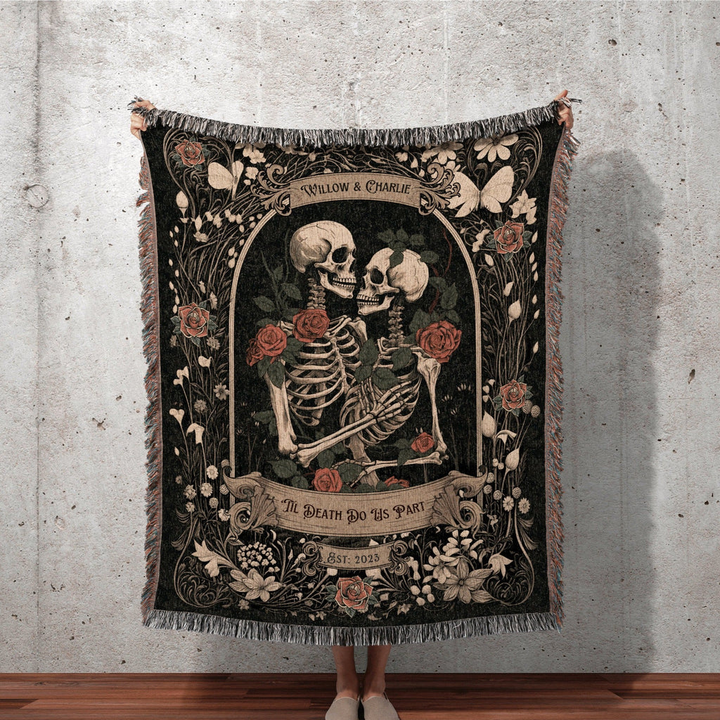 Halloween Custom Gifts, Personalized Wedding Blanket Spooky Halloween Skeleton Tapestry His & Hers Anniversary Gift For Girlfriend