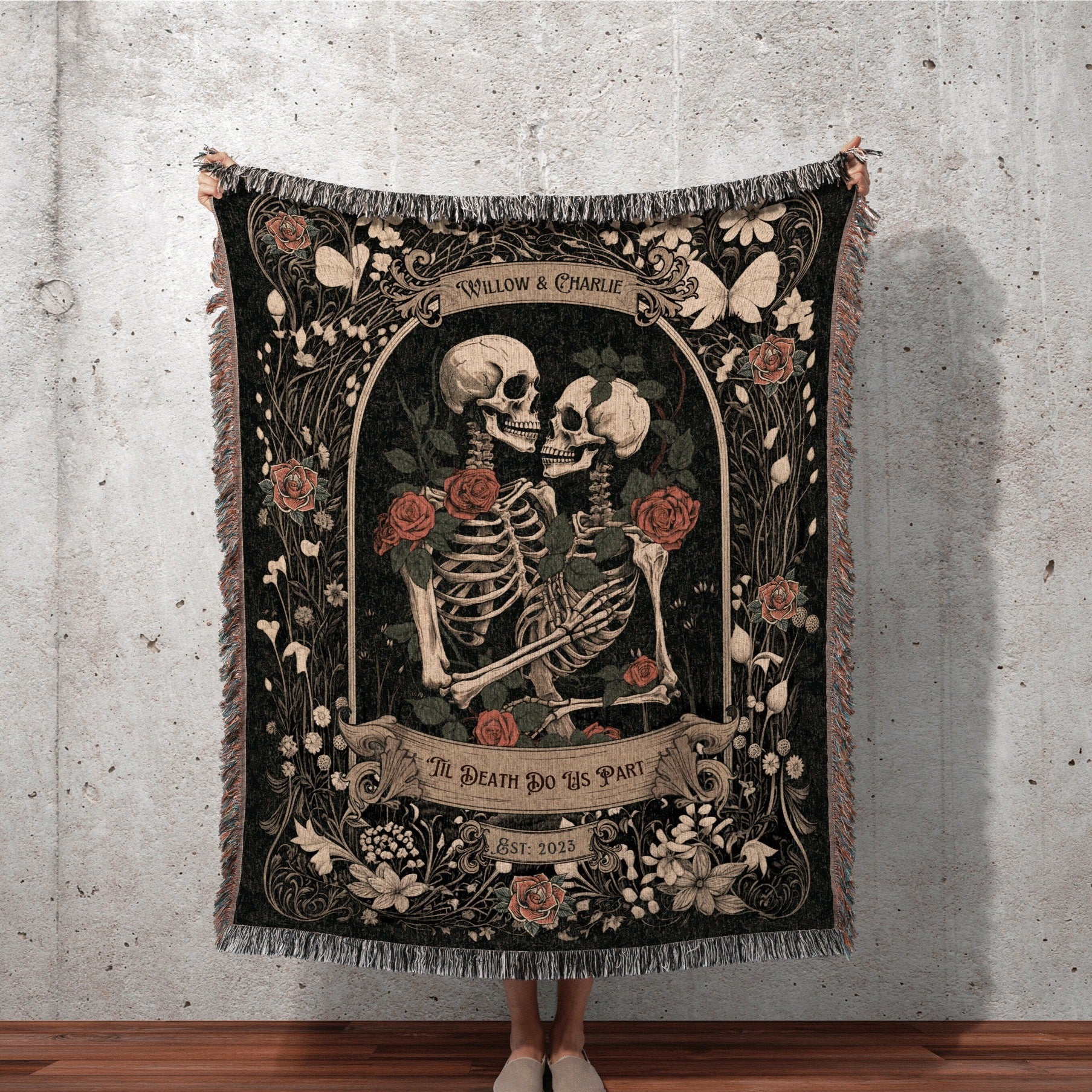 Halloween Custom Gifts, Personalized Wedding Blanket Spooky Halloween Skeleton Tapestry His & Hers Anniversary Gift For Girlfriend