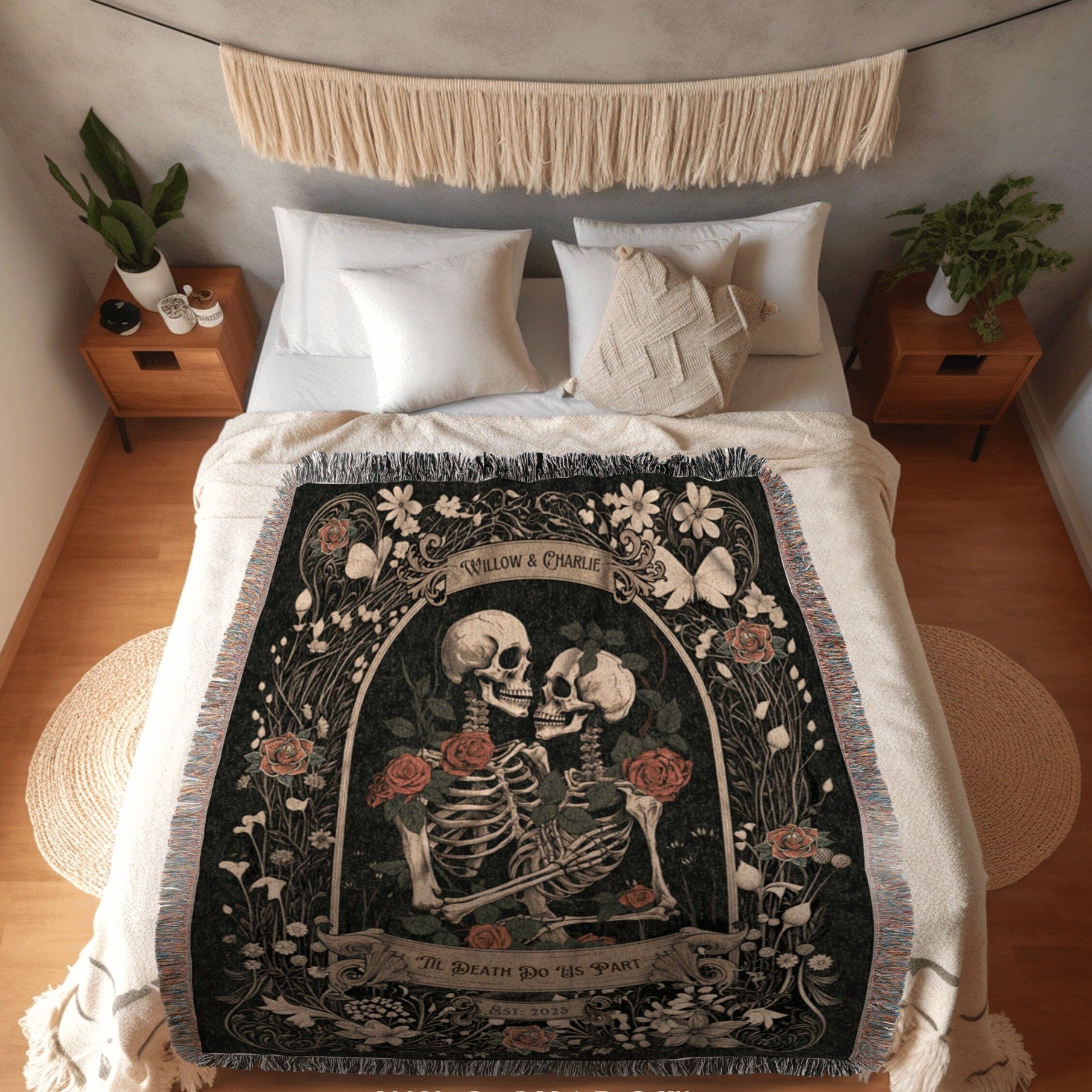 Halloween Custom Gifts, Personalized Wedding Blanket Spooky Halloween Skeleton Tapestry His & Hers Anniversary Gift For Girlfriend