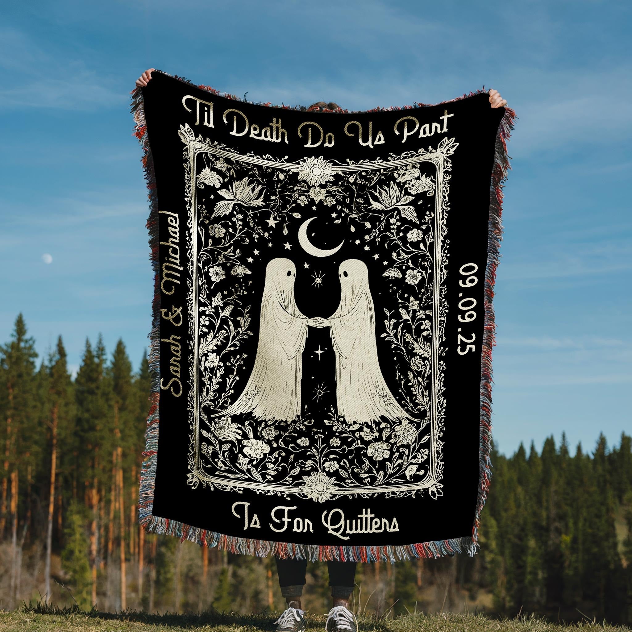 Halloween Custom Gifts, Til Death Woven Blanket, Custom Ghosts Woven Throw Blanket, Anniversary Gift, Halloween Wedding, Spooky Couple Gifts