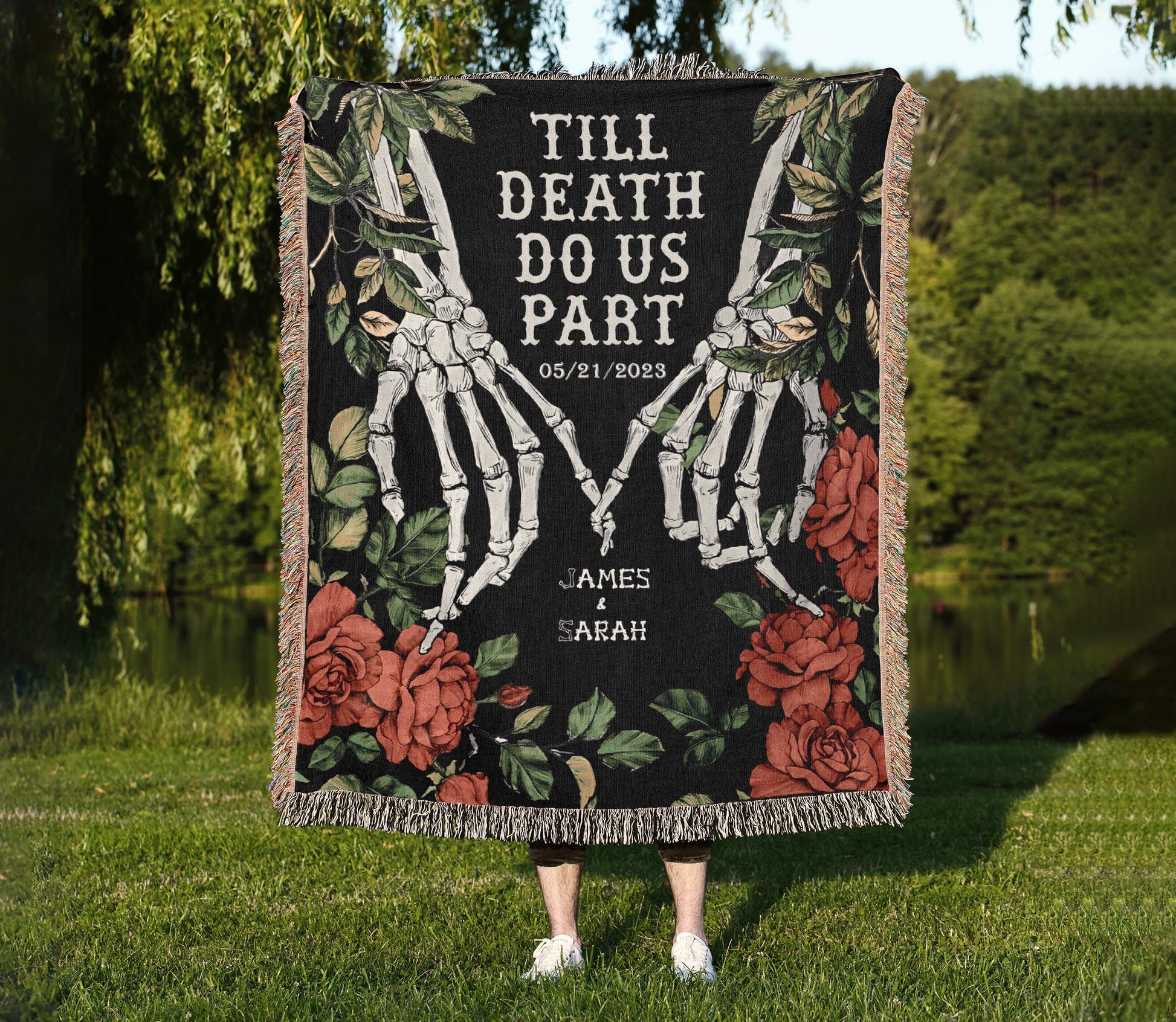 Halloween Custom Gifts, Custom Wedding Woven Throw Blanket, Personalized Halloween Couple Skeletons Woven Tapestry, Wedding Aniversary Gift