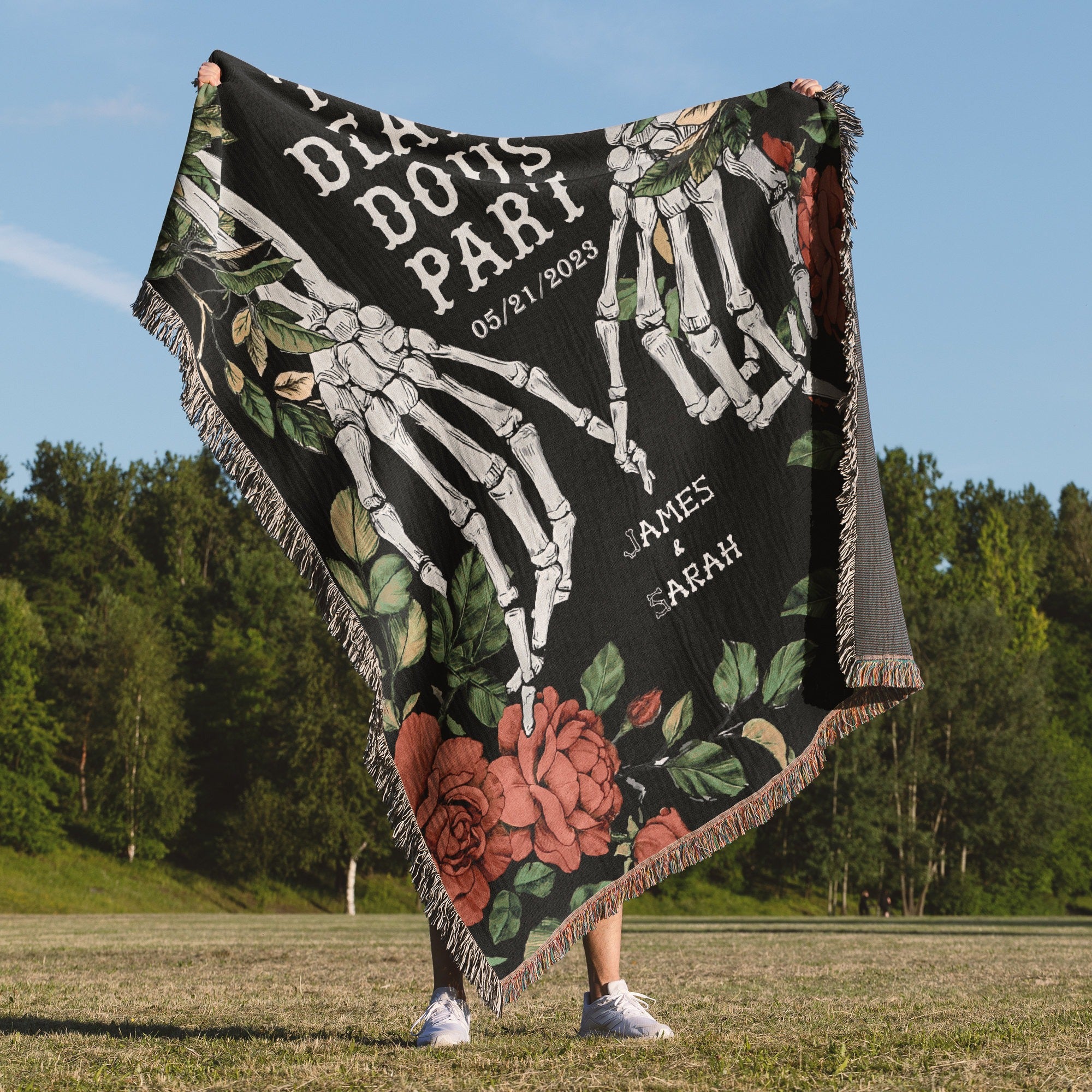 Halloween Custom Gifts, Custom Wedding Woven Throw Blanket, Personalized Halloween Couple Skeletons Woven Tapestry, Wedding Aniversary Gift