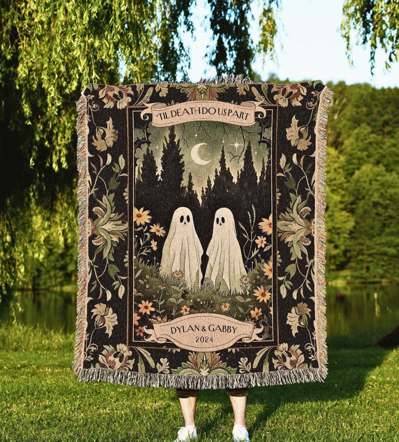 Halloween Custom Gifts, Custom Woodland Ghost Couple Woven Blanket, Witchy Anniversary Gift Personalized Kindred Spirits His and Hers Custom Ghost Couple Gothic Throw