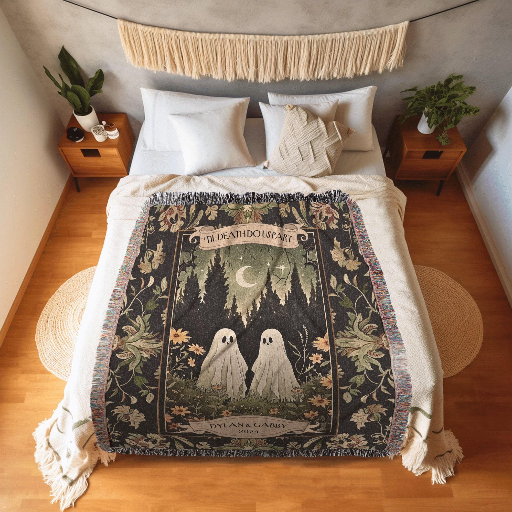 Halloween Custom Gifts, Custom Woodland Ghost Couple Woven Blanket, Witchy Anniversary Gift Personalized Kindred Spirits His and Hers Custom Ghost Couple Gothic Throw