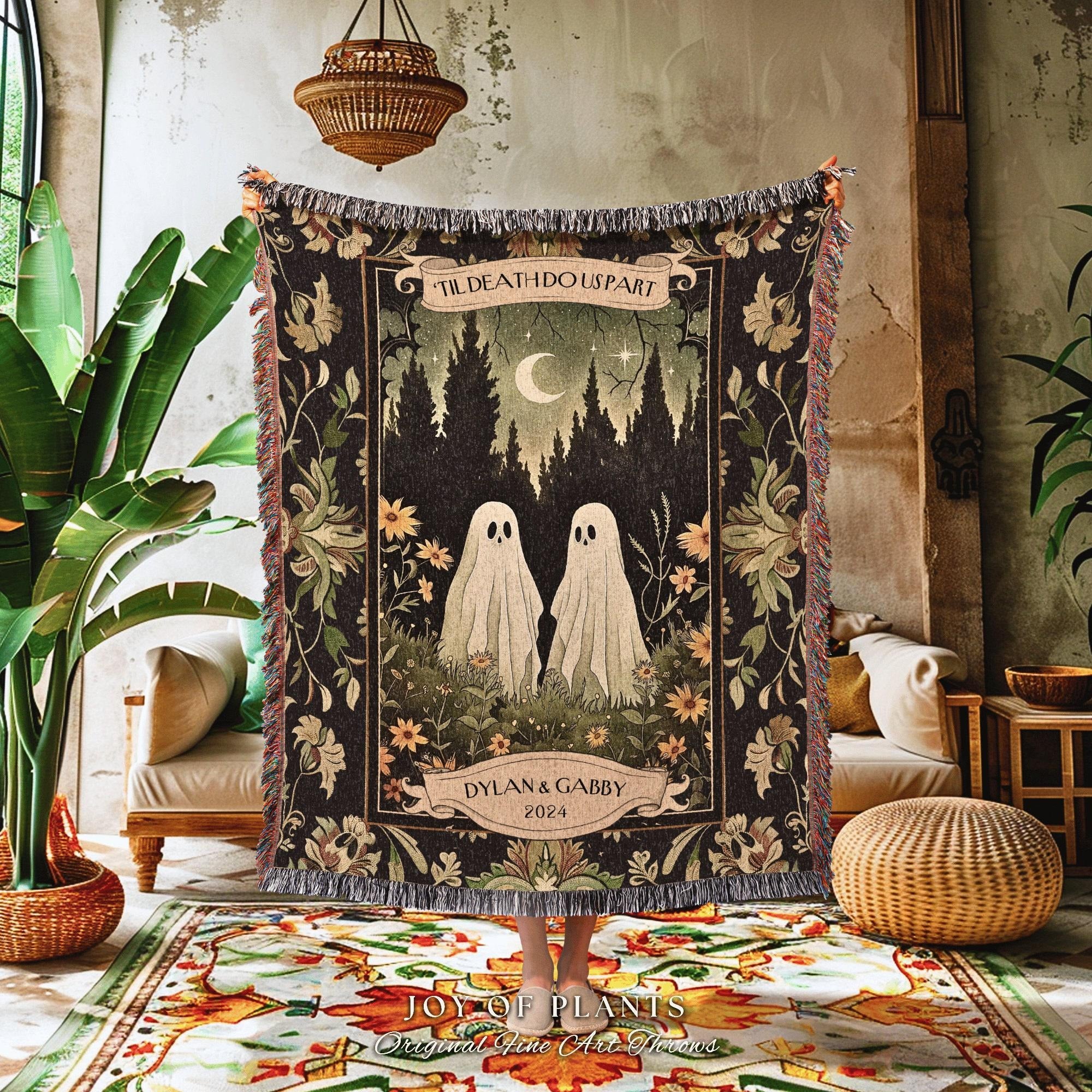 Halloween Custom Gifts, Custom Woodland Ghost Couple Woven Blanket, Witchy Anniversary Gift Personalized Kindred Spirits His and Hers Custom Ghost Couple Gothic Throw