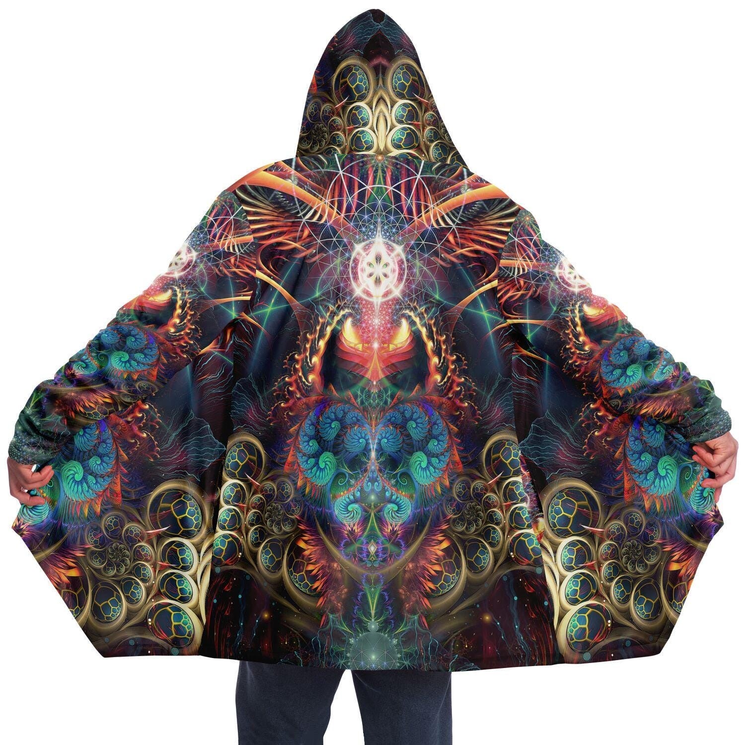 Psychedelic Fractal Art HOODED CLOAK, Trippy Festival Cape, Vibrant Rave Jacket, Colorful Coat, Shambhala, Burning Man Hoodie, Plus Size