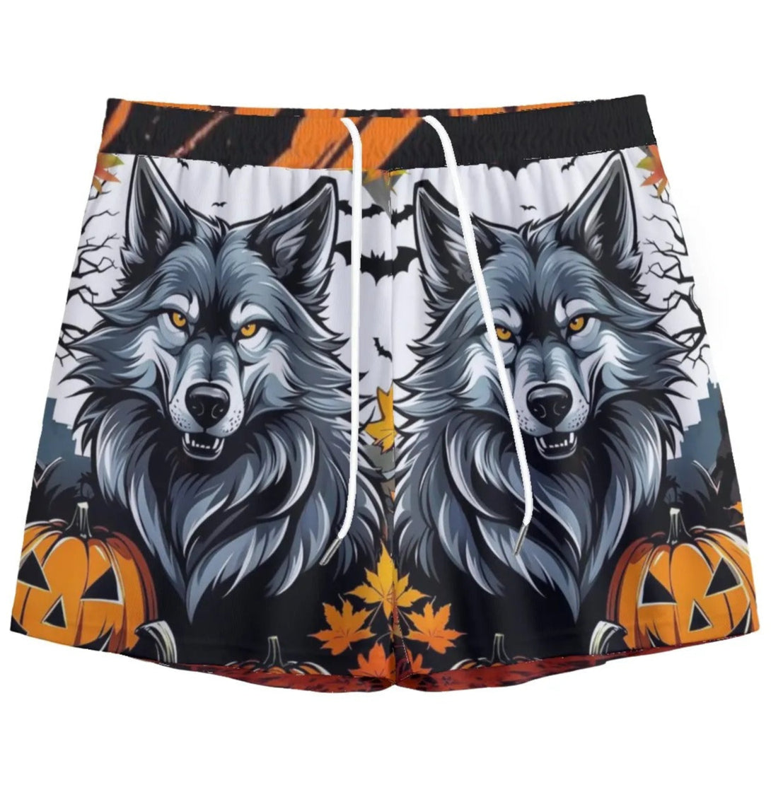 Howling Halloween Night Wolf Shorts, Spooky Pumpkin Bat Activewear, Halloween Fitness Bottoms, Autumn Gothic Sportswear
