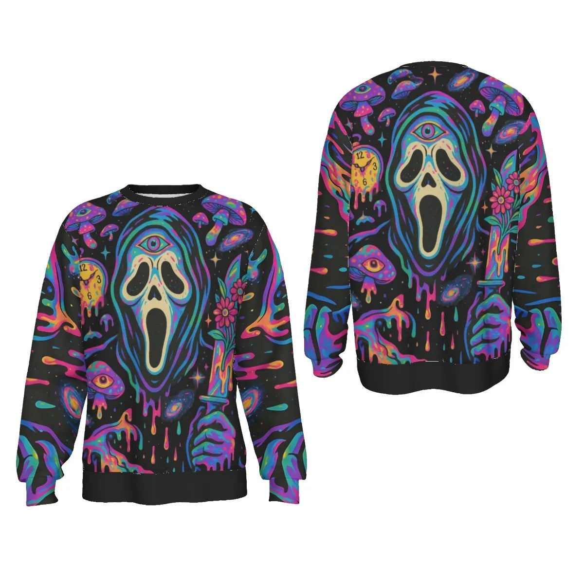 Psychedelic Halloween Mushrooms Sweater, Neon Trippy Mushroom Knitwear, Spooky Halloween Pullover, Horror Art Fashion