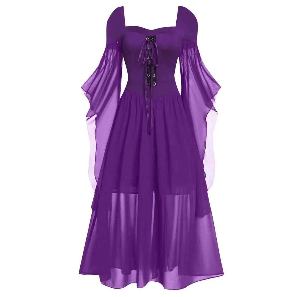 Halloween Costumes, Plus Size Gothic Witch Halloween Costume for Women, Vintage Medieval Cold Shoulder Dress, Butterfly Sleeve Carnival Party Outfit