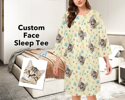 Custom Cat Face Sleep Tees, Funny Sleepwear, Gift Sleep Tee