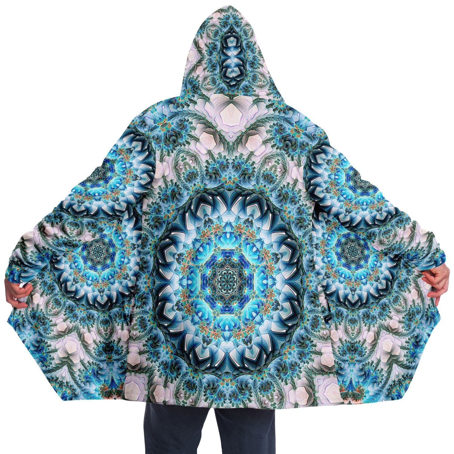 Fractal Mandala MICROFLEECE CLOAK, Festival Cloak, Psychedelic Cape, Trippy Hooded Rave Jacket, Coat, Kaleidoscope