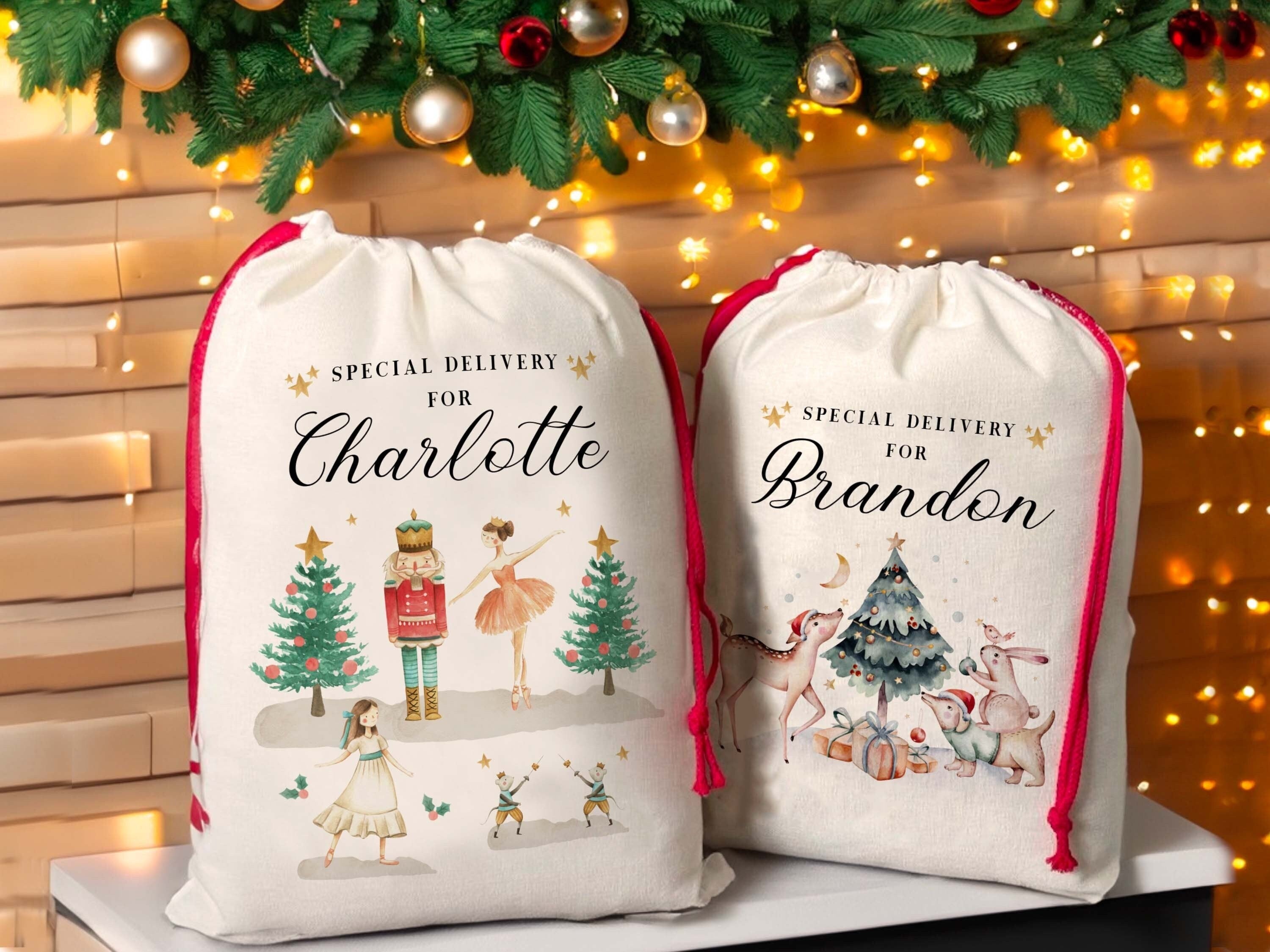 Personalised Christmas Eve Box Nutcracker Ballerina Reindeer Gift Bag for Kids Christmas, Special Delivery Christmas Santa Sack with Name