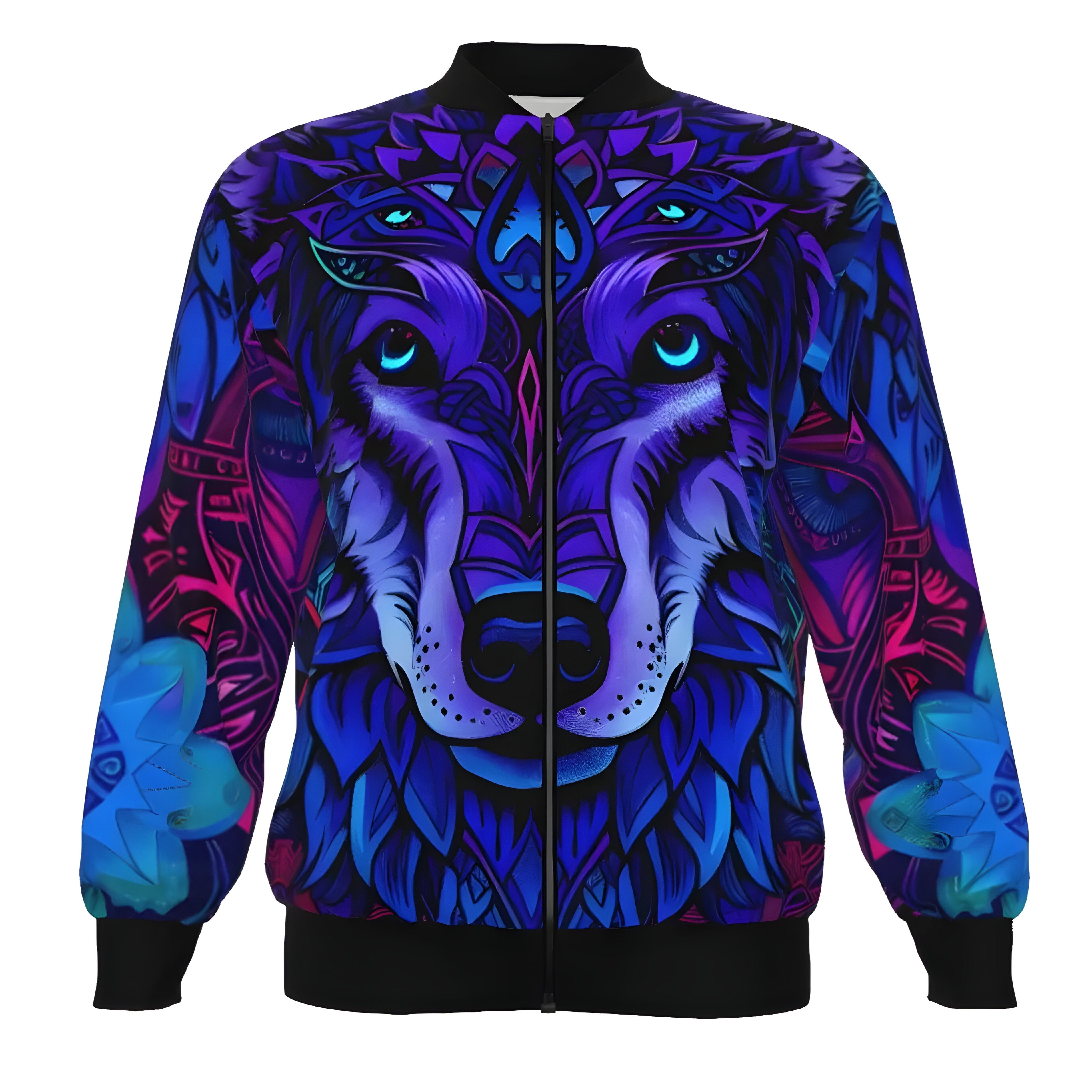 Wolf Mandala Bomber Jacket, Psychedelic Wolf Design, Blue and Purple Animal Graphic Jacket, Fantasy Streetwear, Nature-Inspired Outerwear