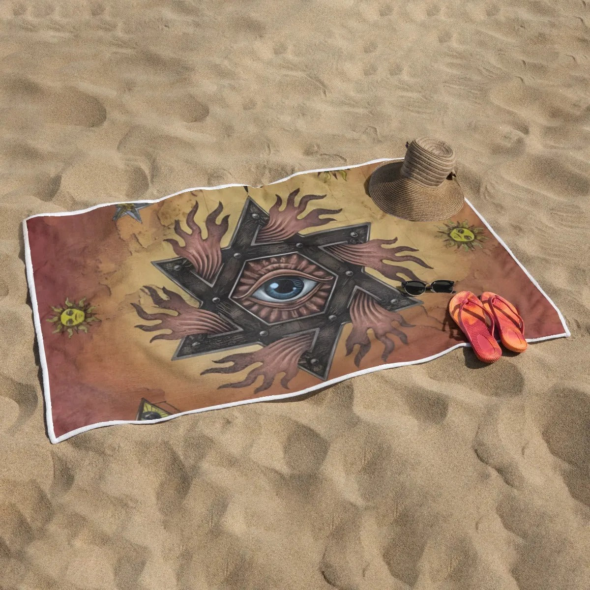 Mystic Eye Mandala Beach Towel, Sacred Geometry Spiritual Tapestry Towel, Esoteric Visionary Art Pool & Yoga Mat, Boho Summer Decor