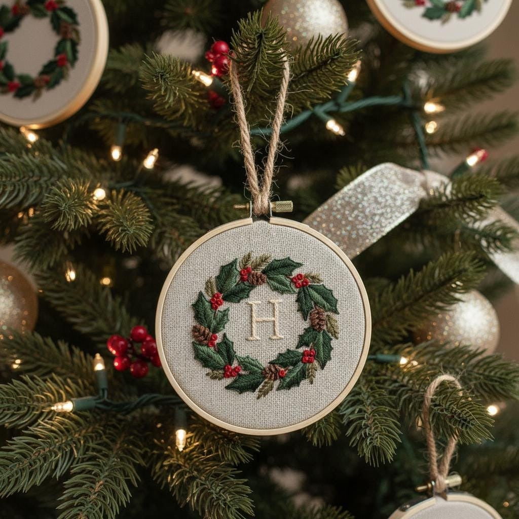 Personalized Letter Name Hand Embroidered Christmas Ornament, Custom Initial Christmas Ornaments, Tree Decor, Unique Christmas Gift