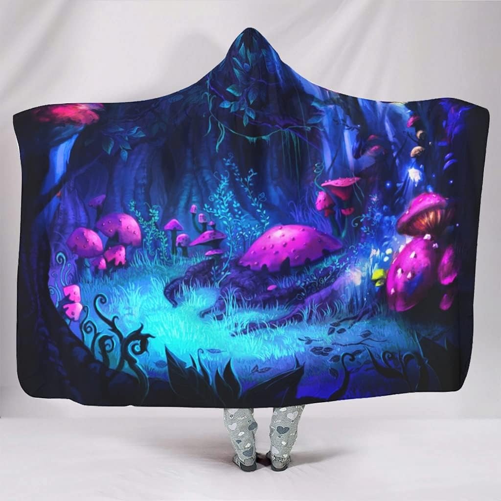 Mushroom Hooded Blanket, Mystical Purple Fungi Forest Design, Cozy Soft Throw Blanket, Perfect Gift for Nature and Fantasy Lovers. BLKAC60
