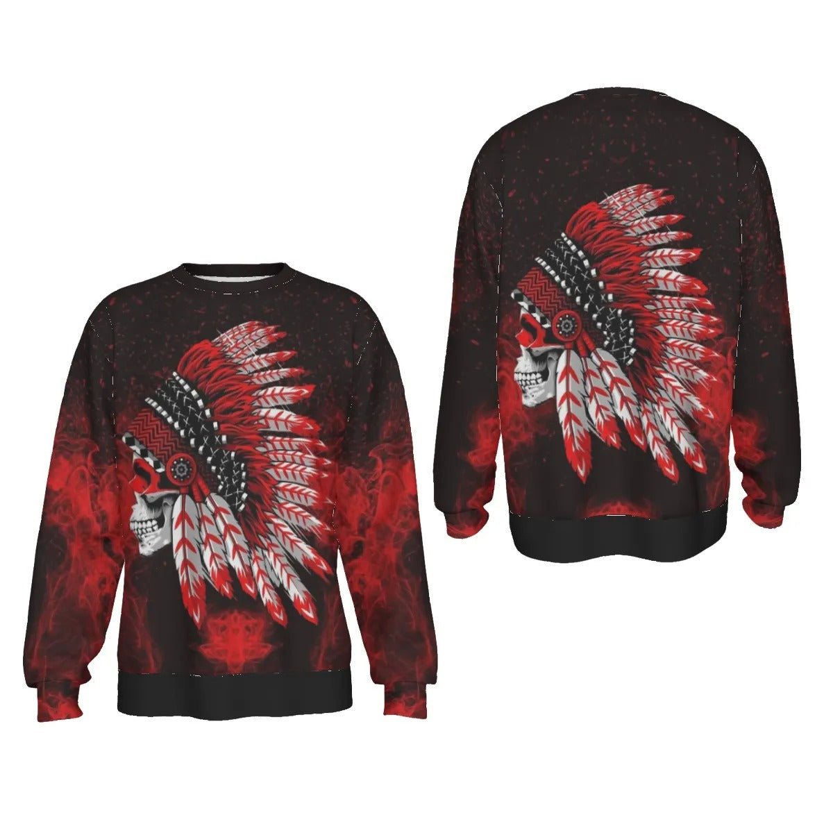 Native American Skull Sweater, Red Feather Headdress Knitwear, Tribal Gothic Pullover, Red Smoke Graphic Sweater, Warrior Biker Style