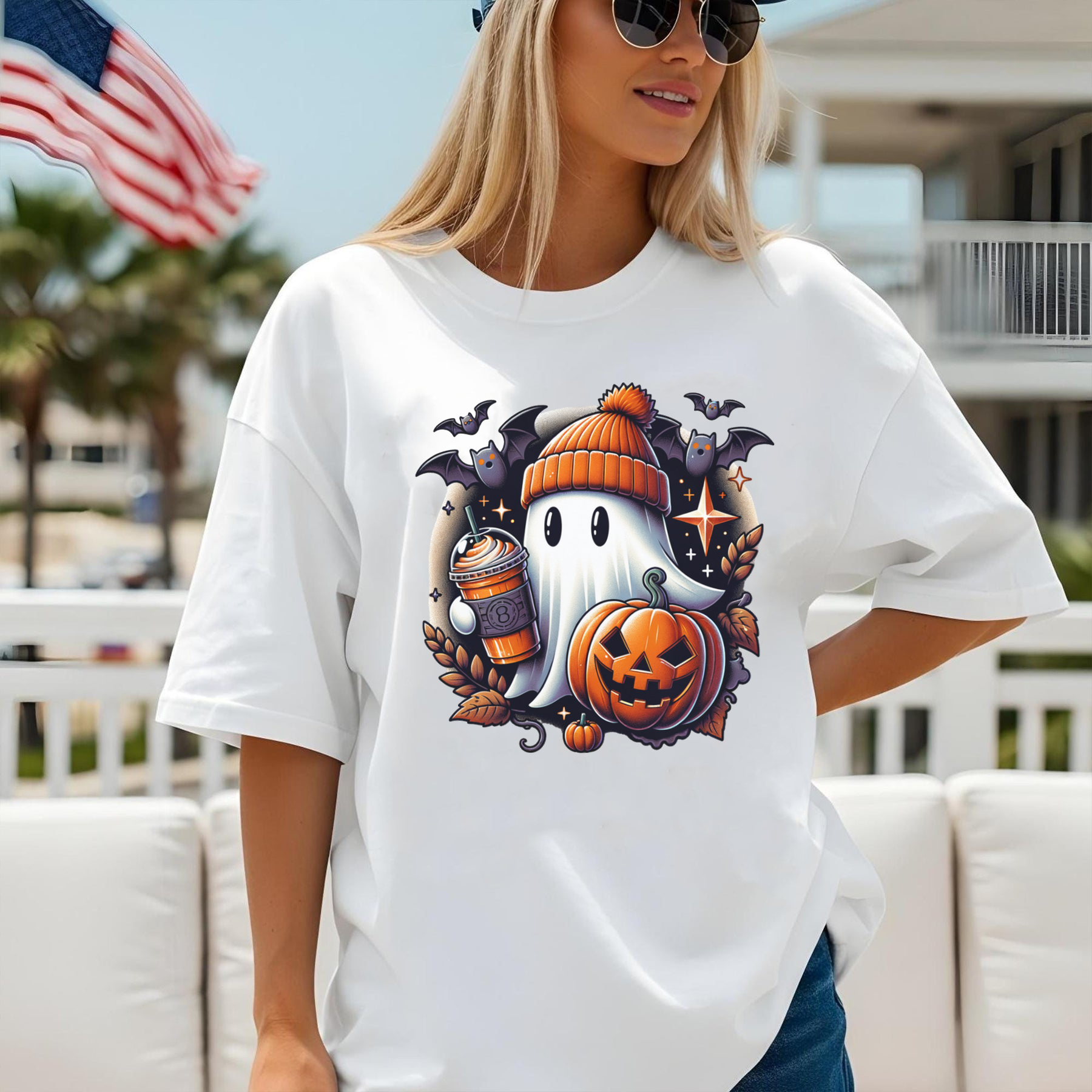 Cute Ghost Fall Coffee Shirt, Halloween Pumpkin Ghost Tee, Spooky Season Aesthetic Shirt, Kawaii Autumn Ghost T-Shirt Unisex