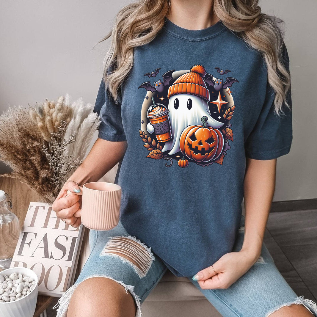 Cute Ghost Fall Coffee Shirt, Halloween Pumpkin Ghost Tee, Spooky Season Aesthetic Shirt, Kawaii Autumn Ghost T-Shirt Unisex