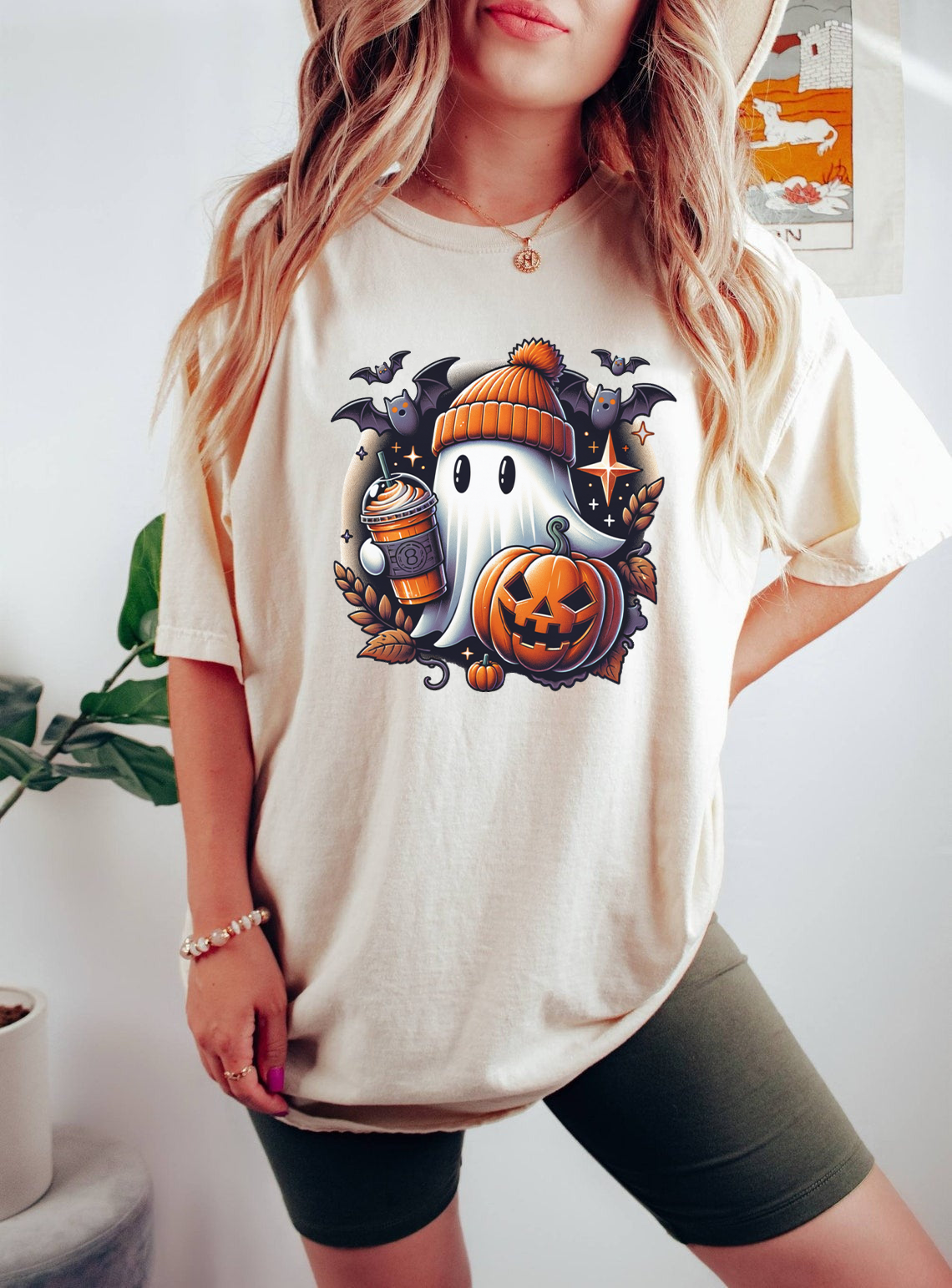 Cute Ghost Fall Coffee Shirt, Halloween Pumpkin Ghost Tee, Spooky Season Aesthetic Shirt, Kawaii Autumn Ghost T-Shirt Unisex