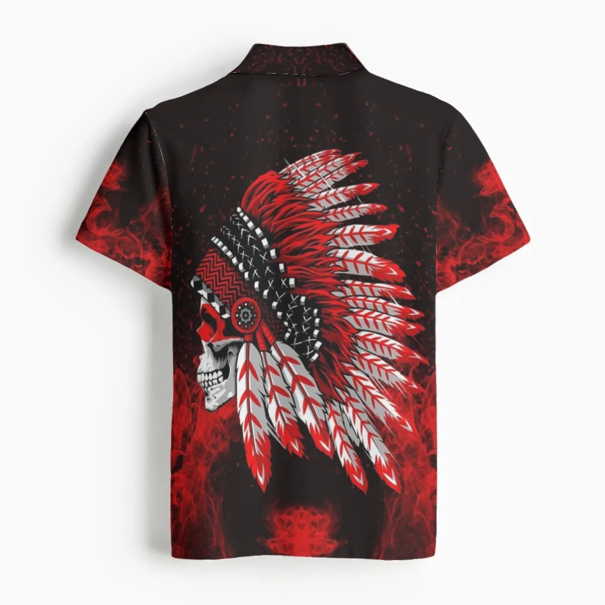 Native American Skull Men’s Polo, Red Feather Headdress Shirt, Tribal Gothic Polo, Red Smoke Graphic Top, Warrior Biker Style