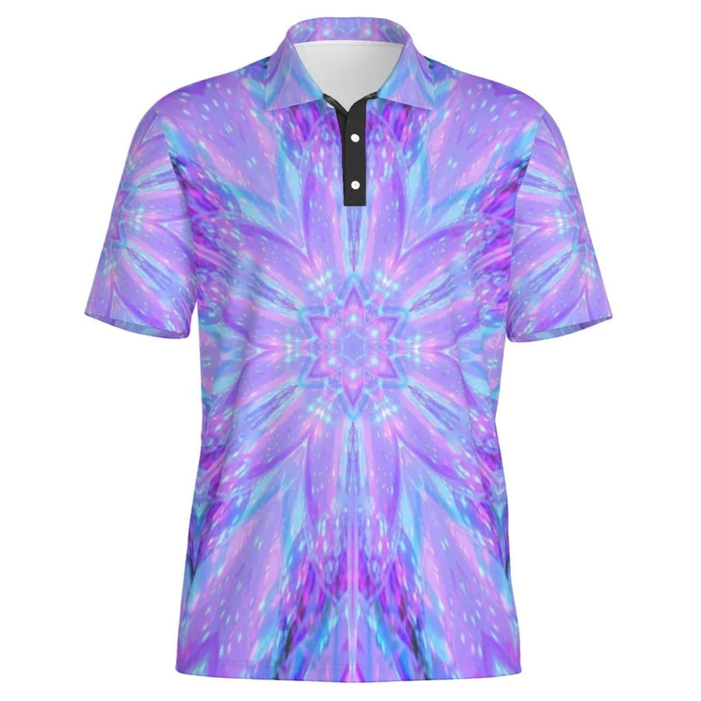 Kaleio Galaxy Men’s Polo Shirt, Trippy Cosmic Mandala Golf Polo, Holographic Space Streetwear, Psychedelic Festival Outfit