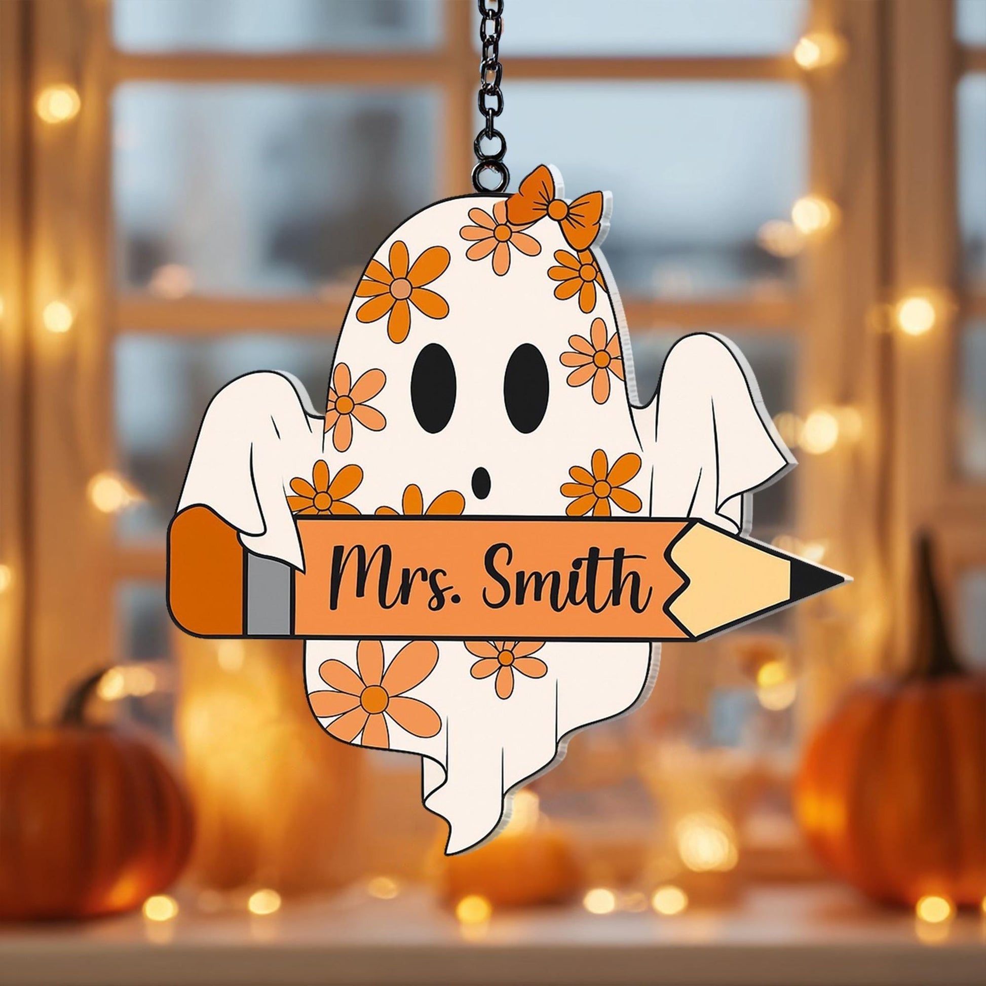 Personalized Halloween Ghost Teacher Suncatcher with Pencil and Daisy Floral Design for Fall Classroom Window Decor