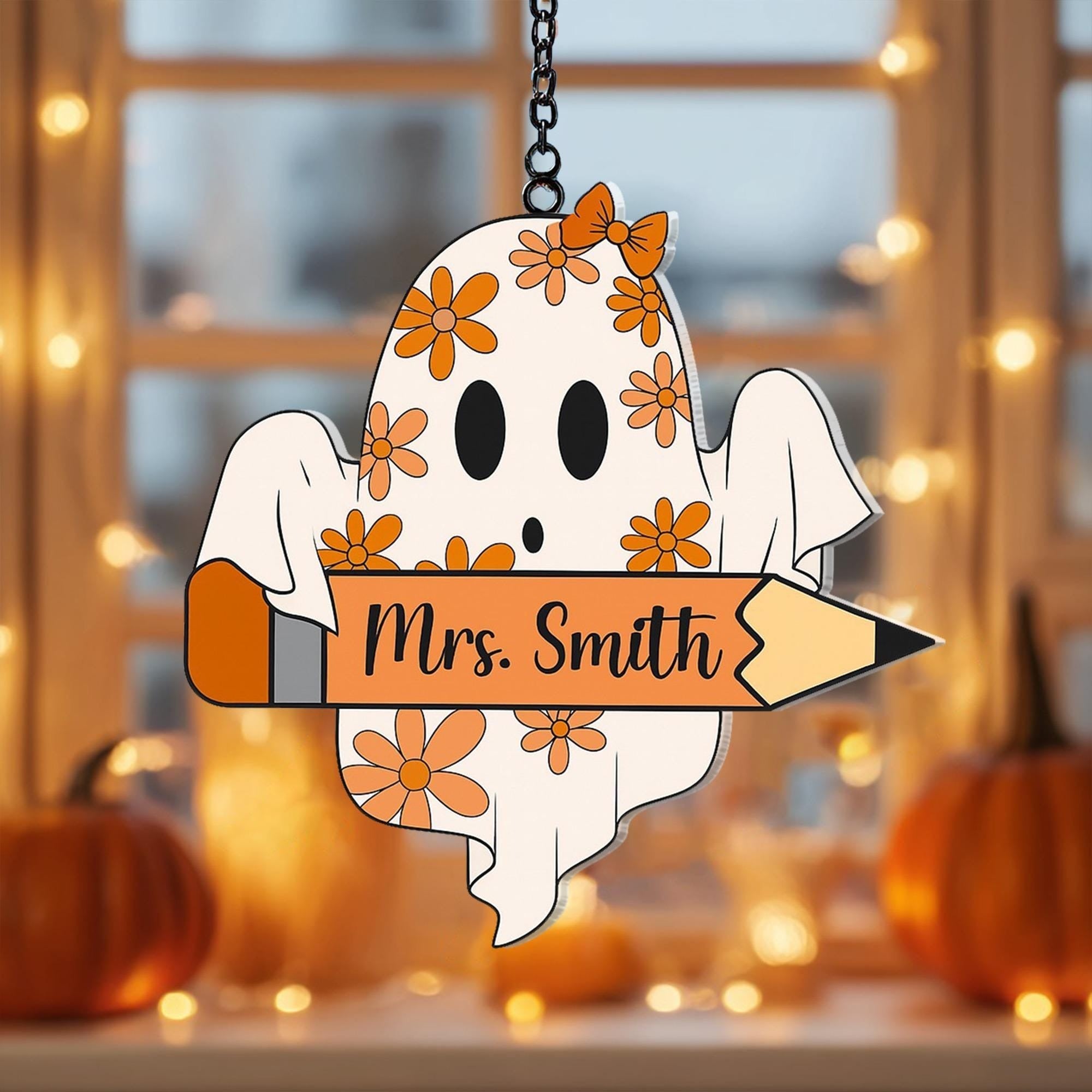 Personalized Halloween Ghost Teacher Suncatcher with Pencil and Daisy Floral Design for Fall Classroom Window Decor