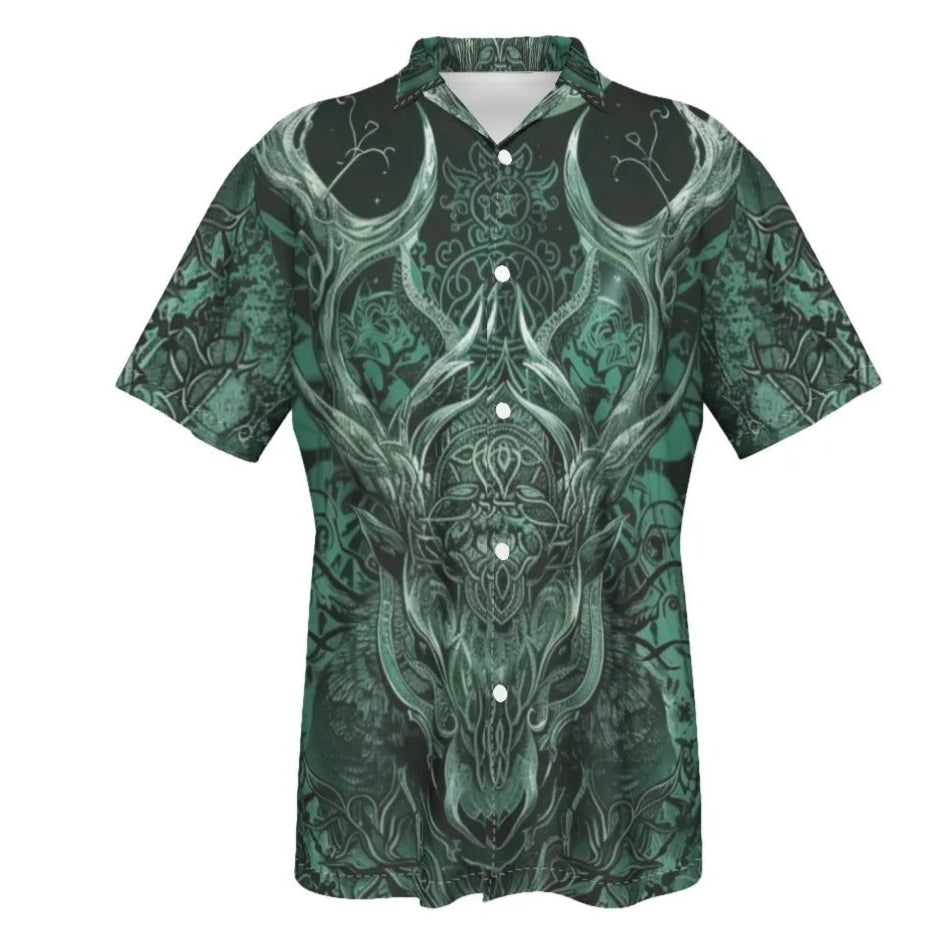 Viking Hawaiian Shirt with Antler Design, Norse Mythology Inspired Button-Up For Men, Tribal Graphic Beach Shirt, Medieval Fantasy Summer Wear
