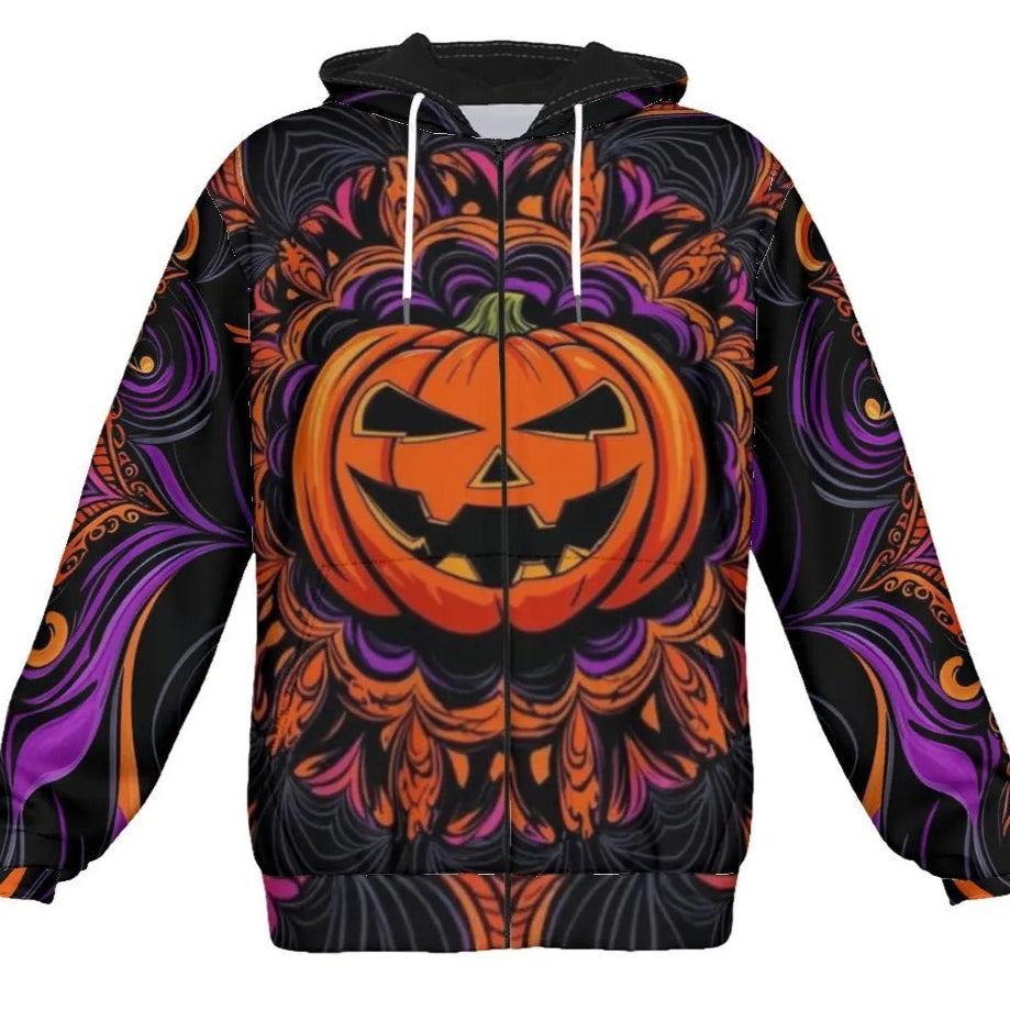 Pumpkin Mandala Magic Zip Hoodie, Halloween Jack-o’-Lantern Jacket, Spooky Mandala Art Outerwear, Fall Gothic Style