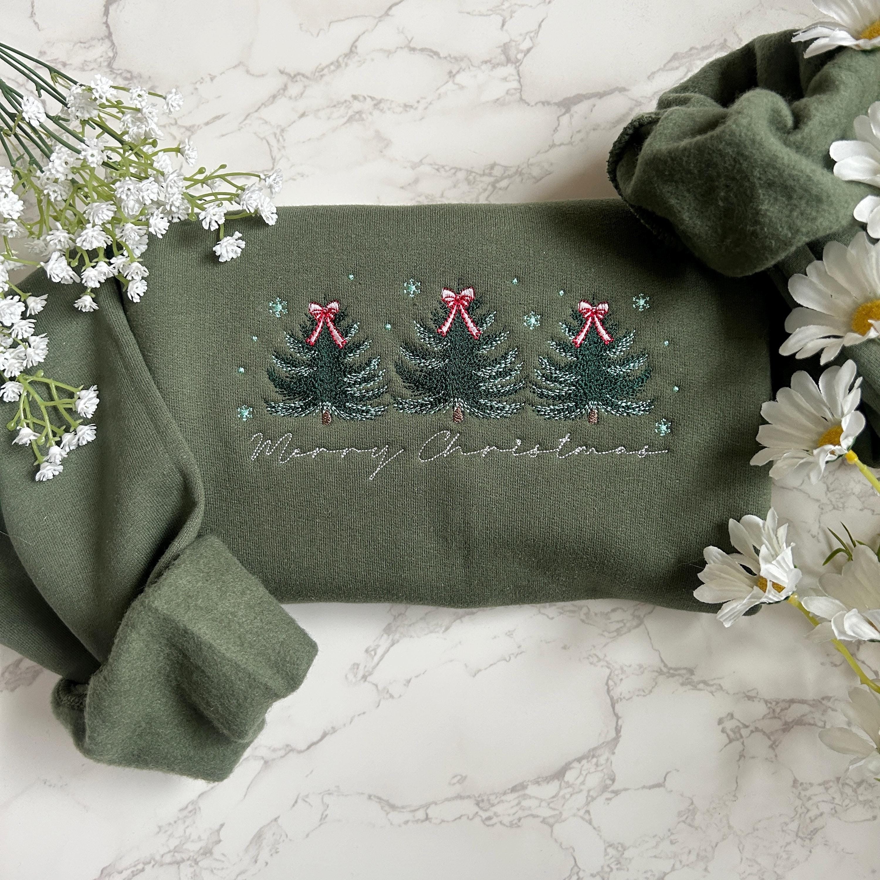 Embroidered Merry Christmas Sweatshirt, Embroidered Christmas Coquette Crewneck Sweatshirt, Embroidered Xmas Tree Sweater, Custom Xmas Gift EBAC56